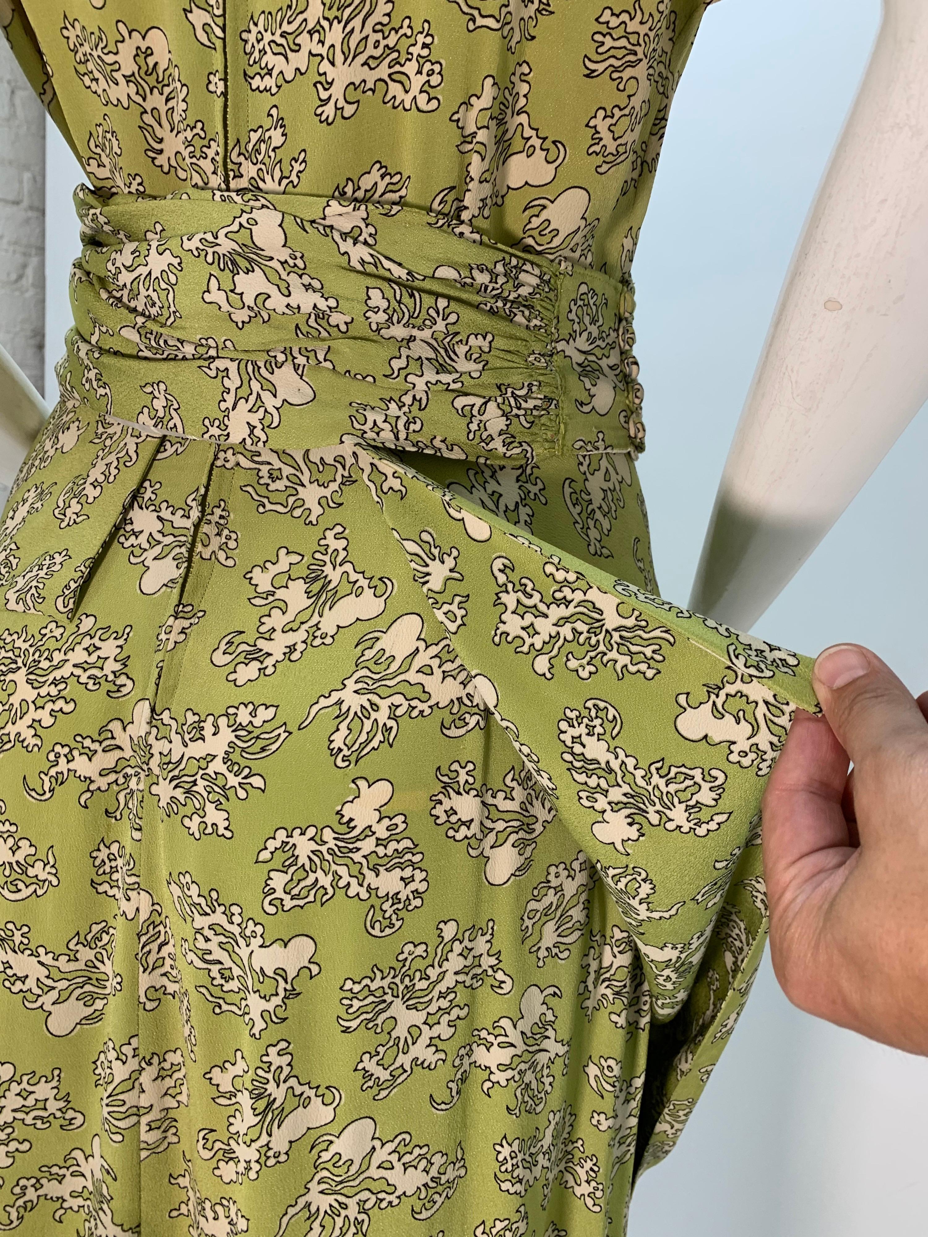 1940s Chartreuse Rayon Crepe Print Swing Dress w/ Draped Hip & Cummerbund Waist For Sale 1