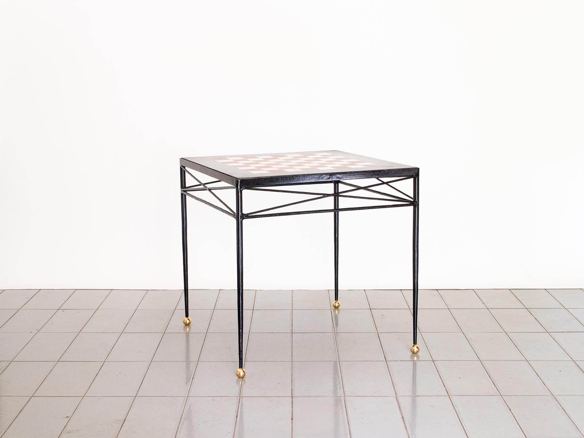 French 1940s Chess Table in Wrought Iron and Marble, France Moderne