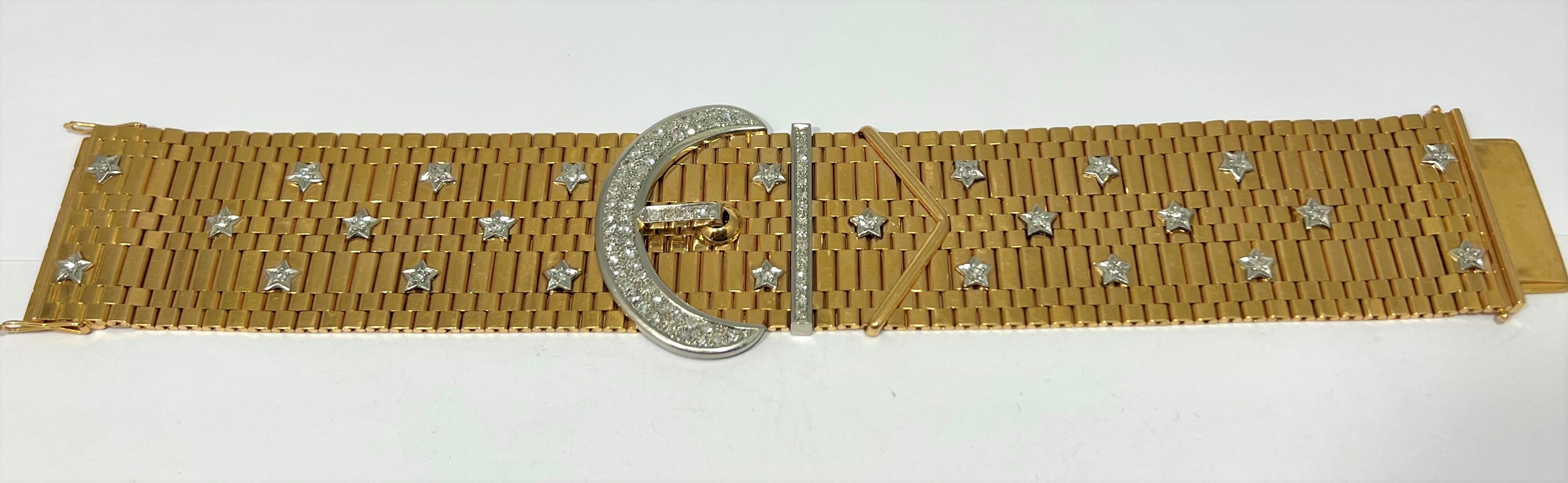 Après-guerre Bracelet chevalier des années 1940 avec étoiles en or jaune 18 carats et platine en vente