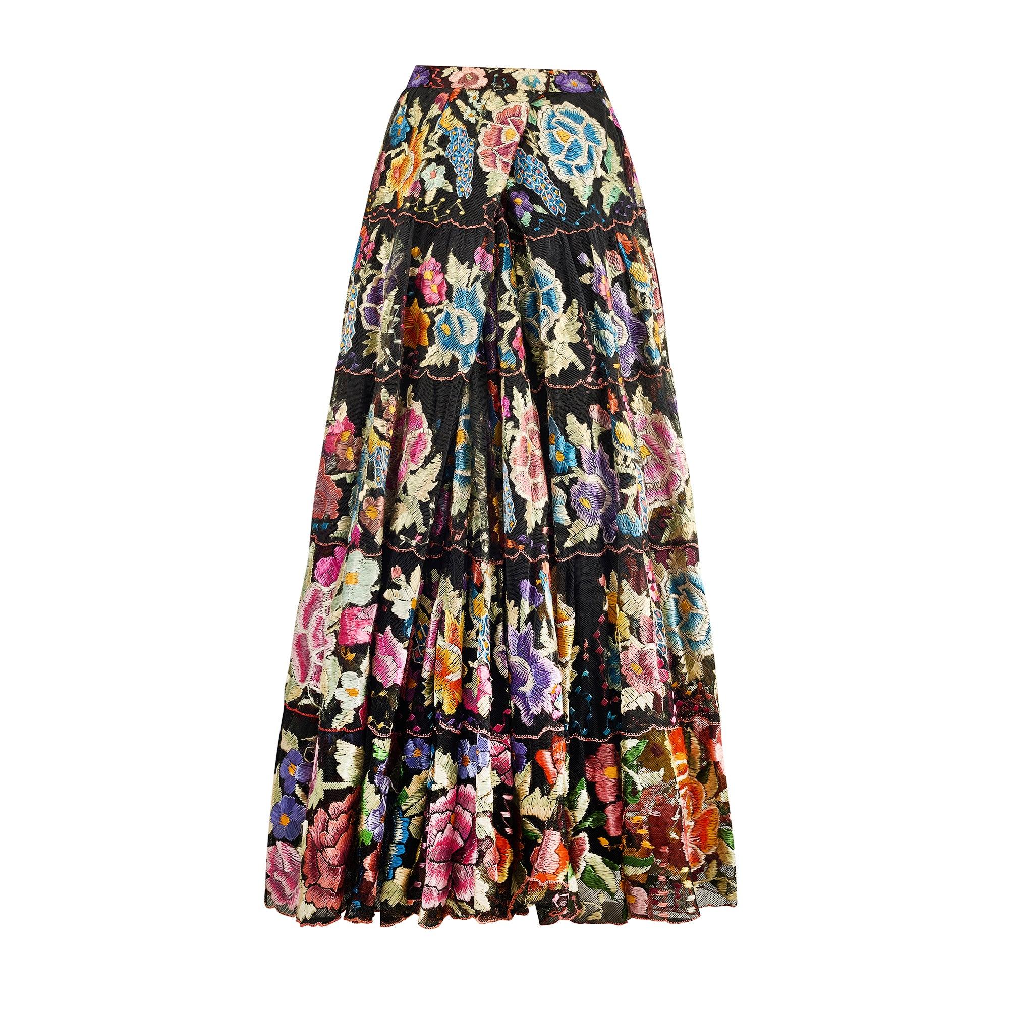 Brown 1940s Chiapas Black Net Maxi-Skirt with Heavy Floral Embroidery For Sale