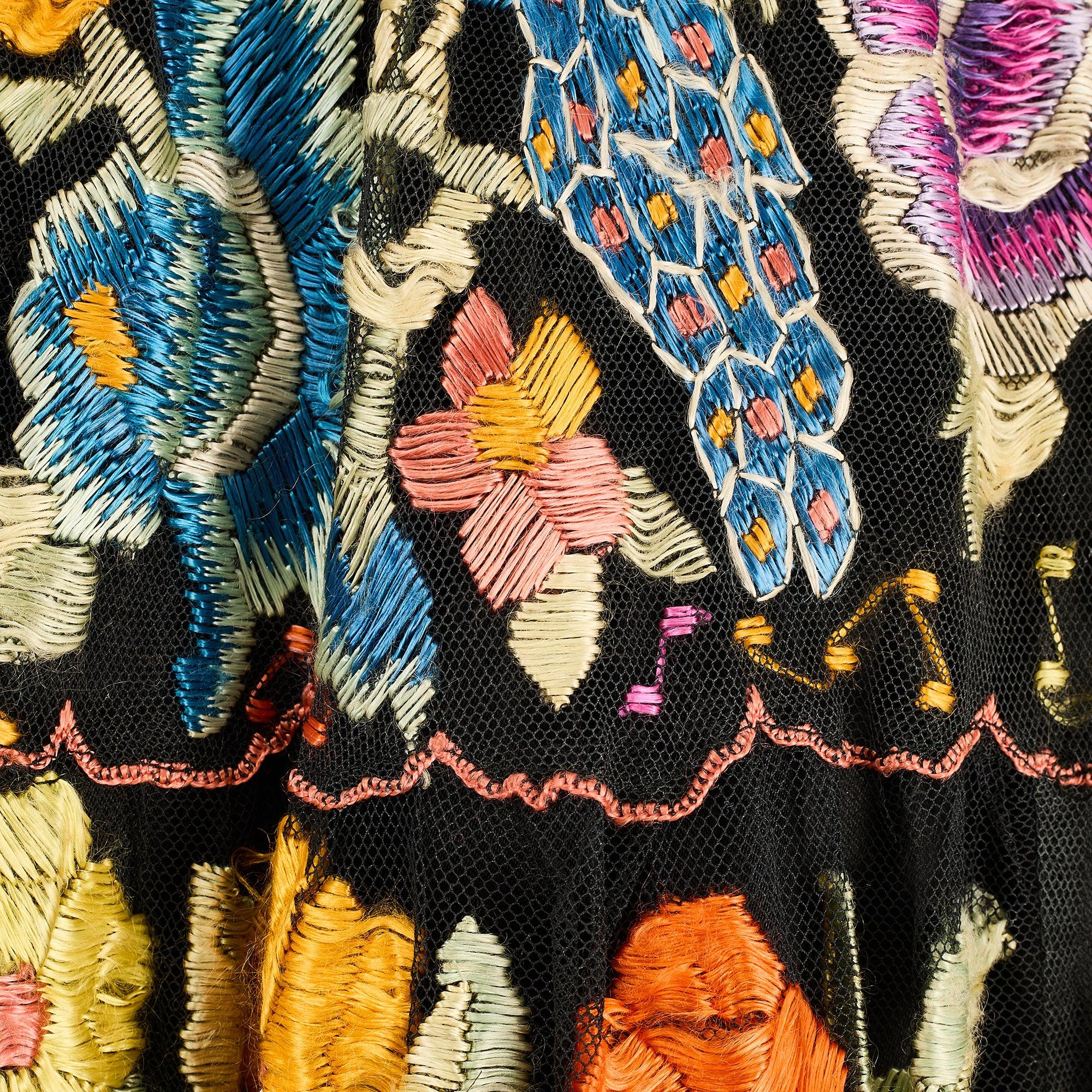 1940s Chiapas Black Net Maxi-Skirt with Heavy Floral Embroidery In Excellent Condition For Sale In London, GB