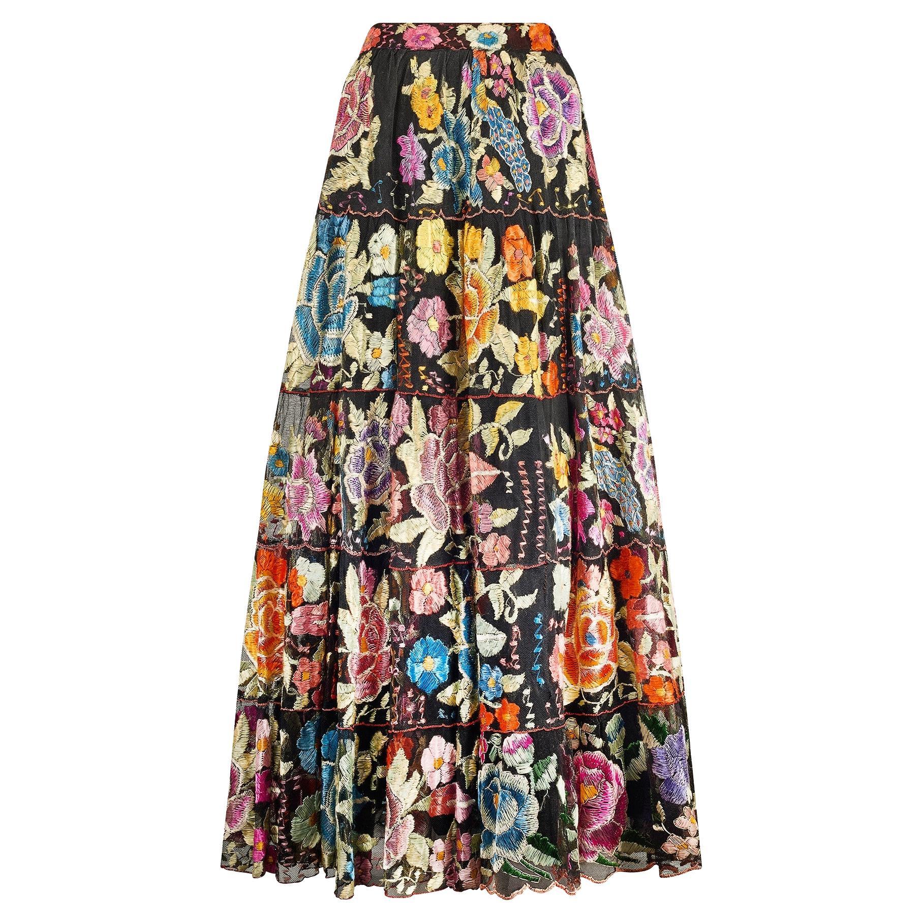 1940s Chiapas Black Net Maxi-Skirt with Heavy Floral Embroidery For Sale
