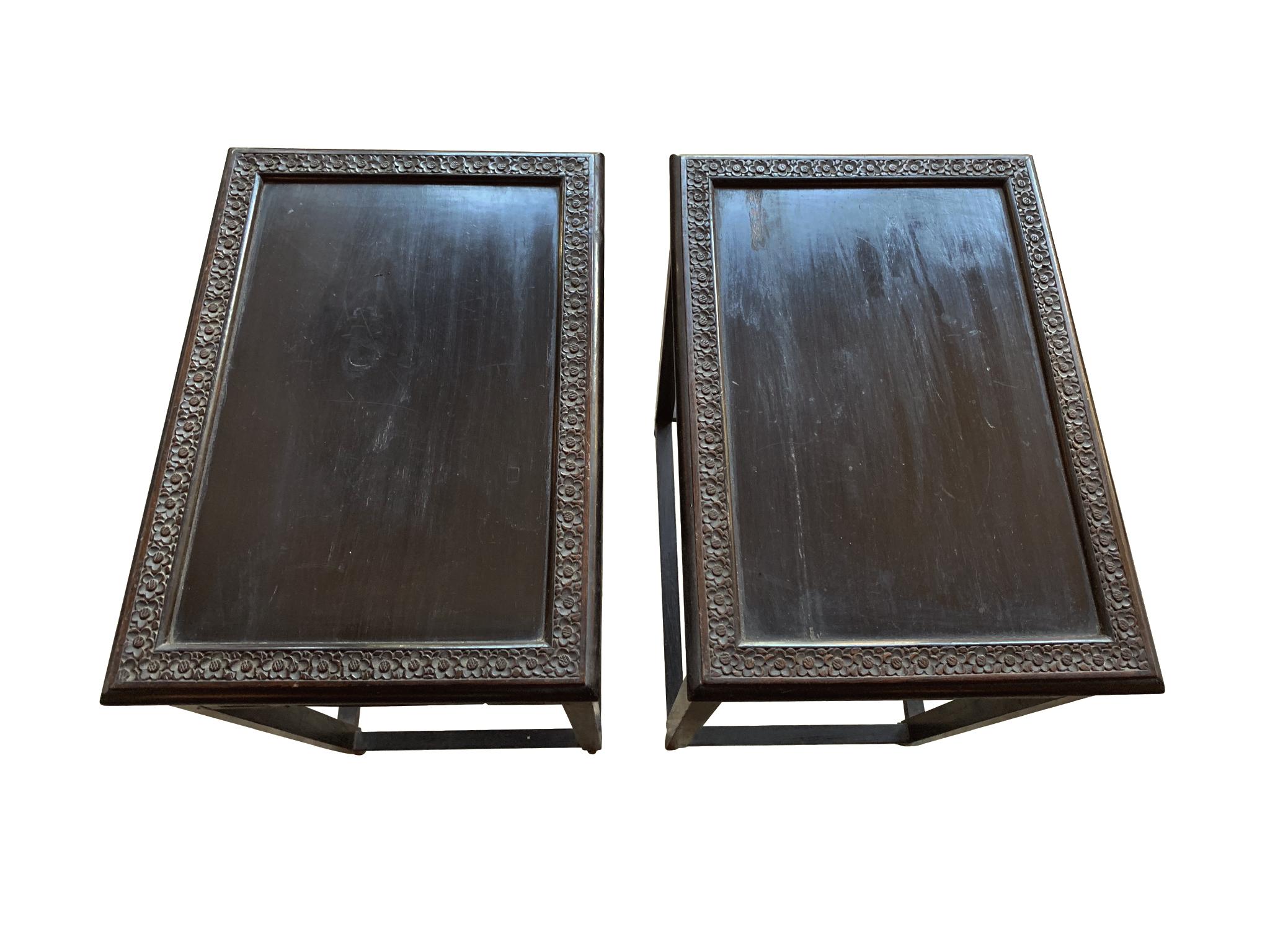 Ebonized 1940s Chinese Carved Side Tables, a Pair