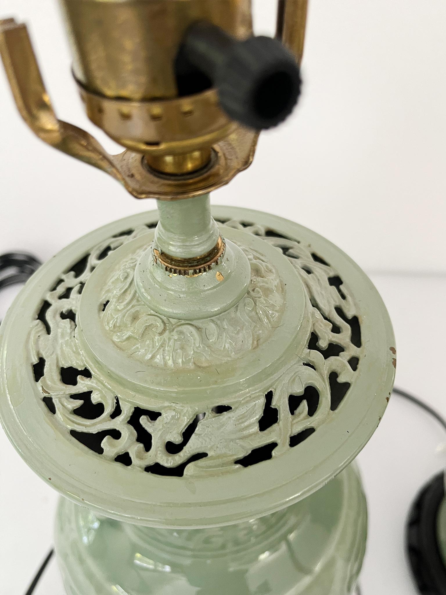 Cinese 1940s Chinese Celadon Green Ceramic Table Lamps - A Pair in vendita