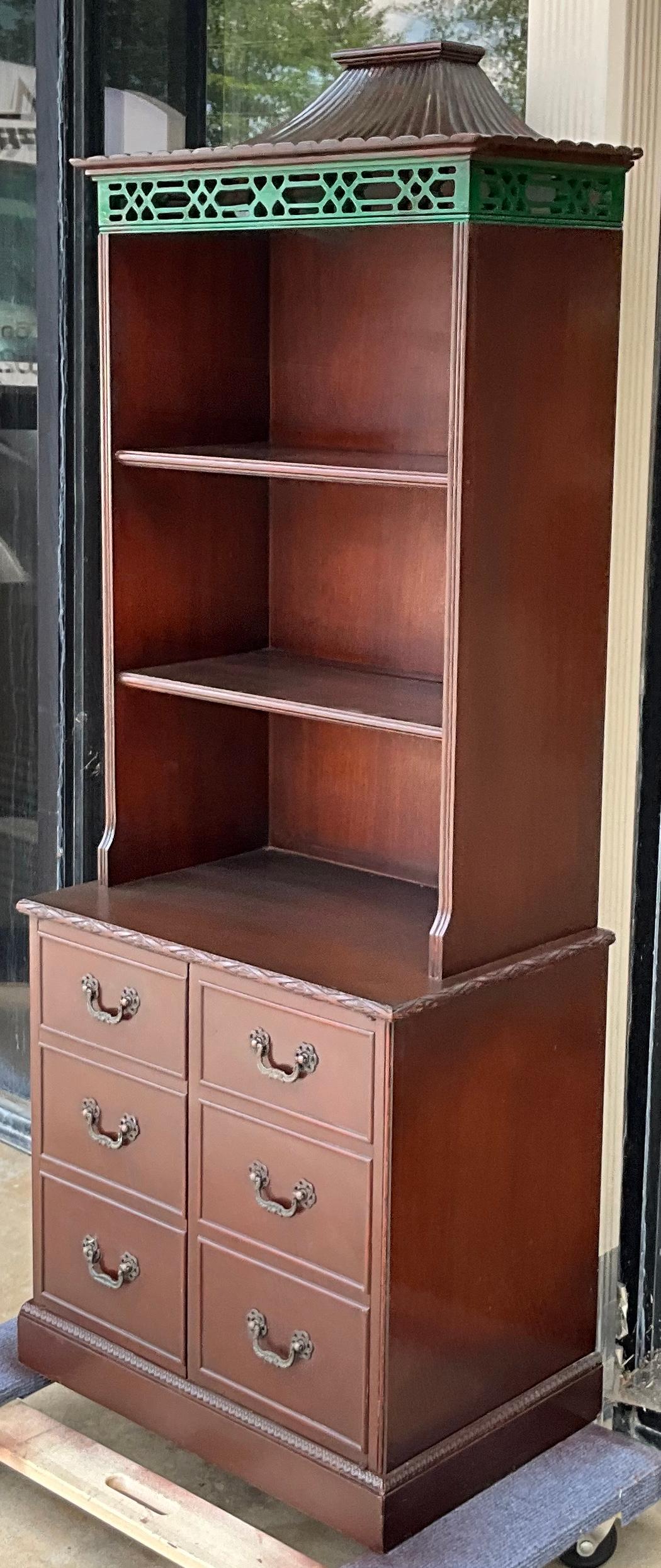 Who knew R.J.Horner had a pagoda phase! This is a pair of Chinese Chippendale style carved mahogany pagoda form cabinets. They date approximately to the 1940s. This pair was created by the Flint and Horner collaboration out of New York that began in