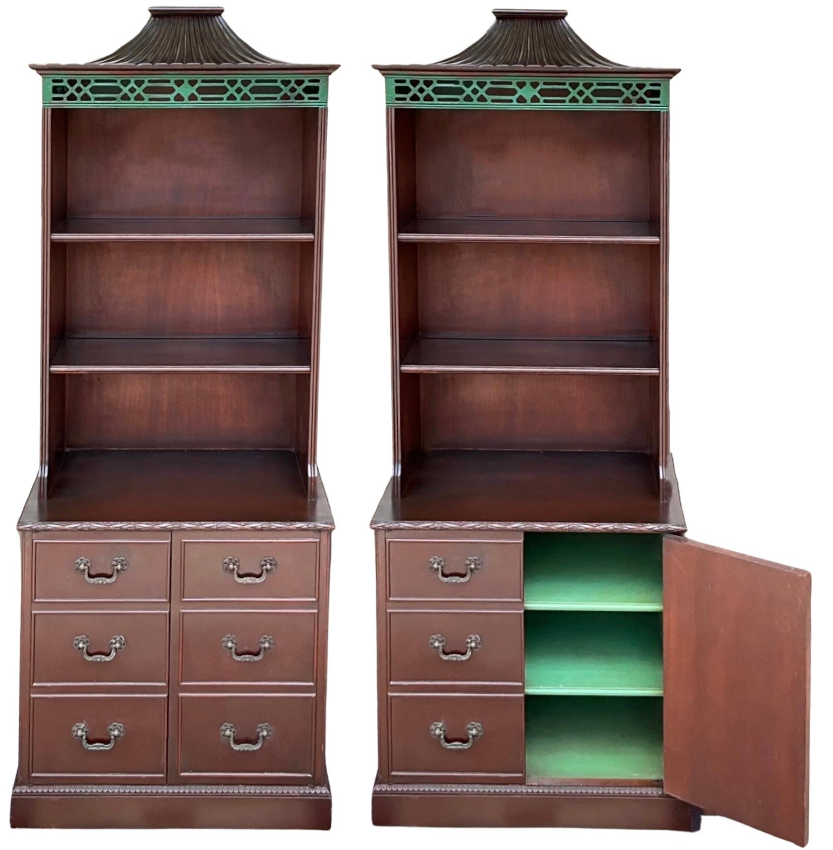 1940s Chinese Chippendale Style Carved Mahogany Pagoda Form Cabinets - Pair For Sale 2