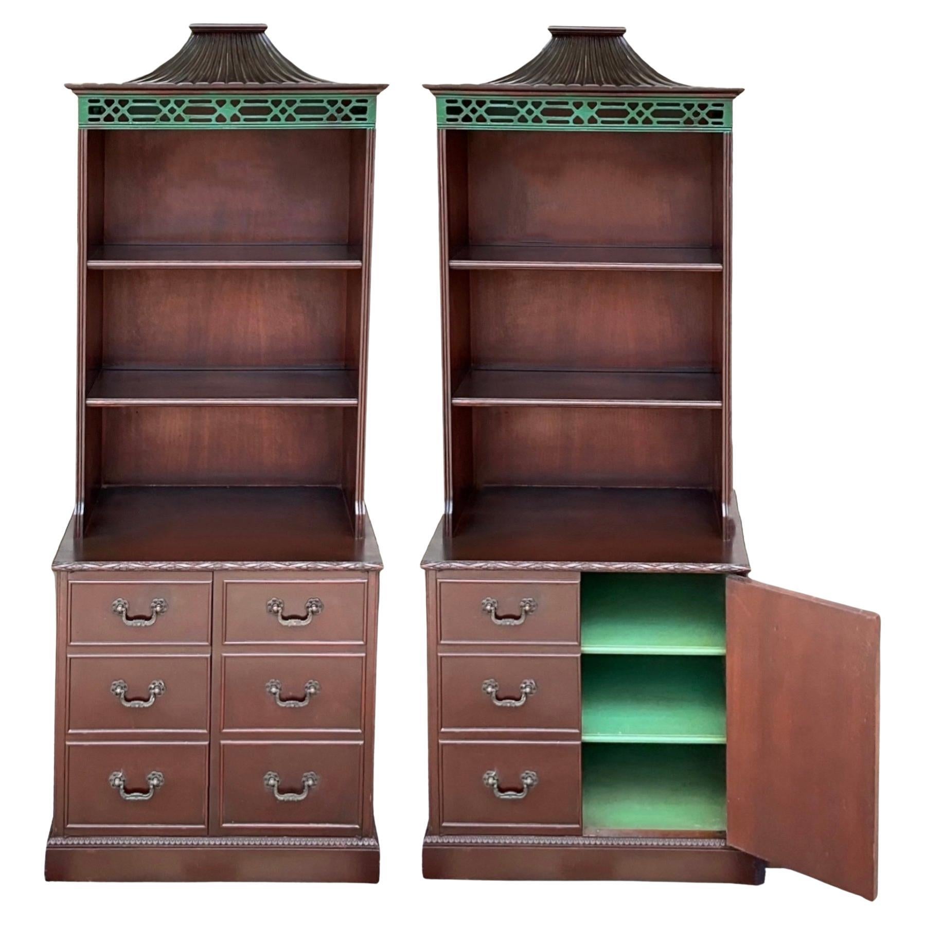 1940s Chinese Chippendale Style Carved Mahogany Pagoda Form Cabinets - Pair For Sale