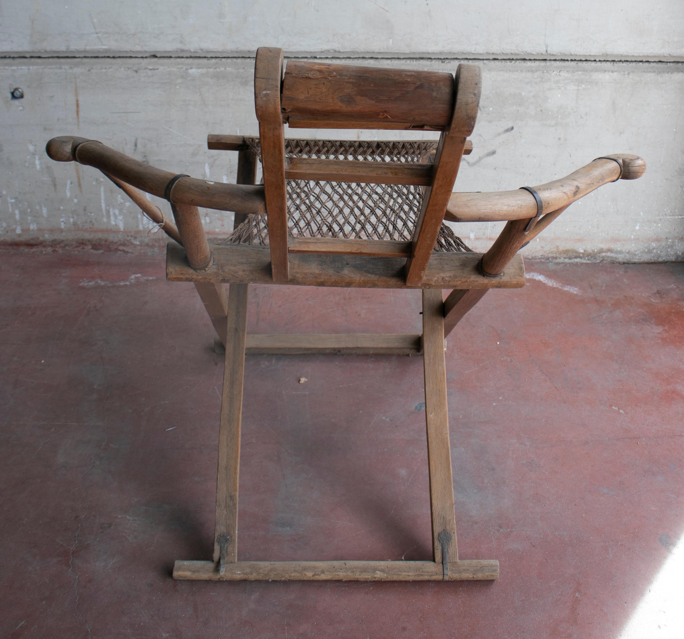 Rope 1940s Chinese Deck Sofa Chair with Arms and Woven String Seat