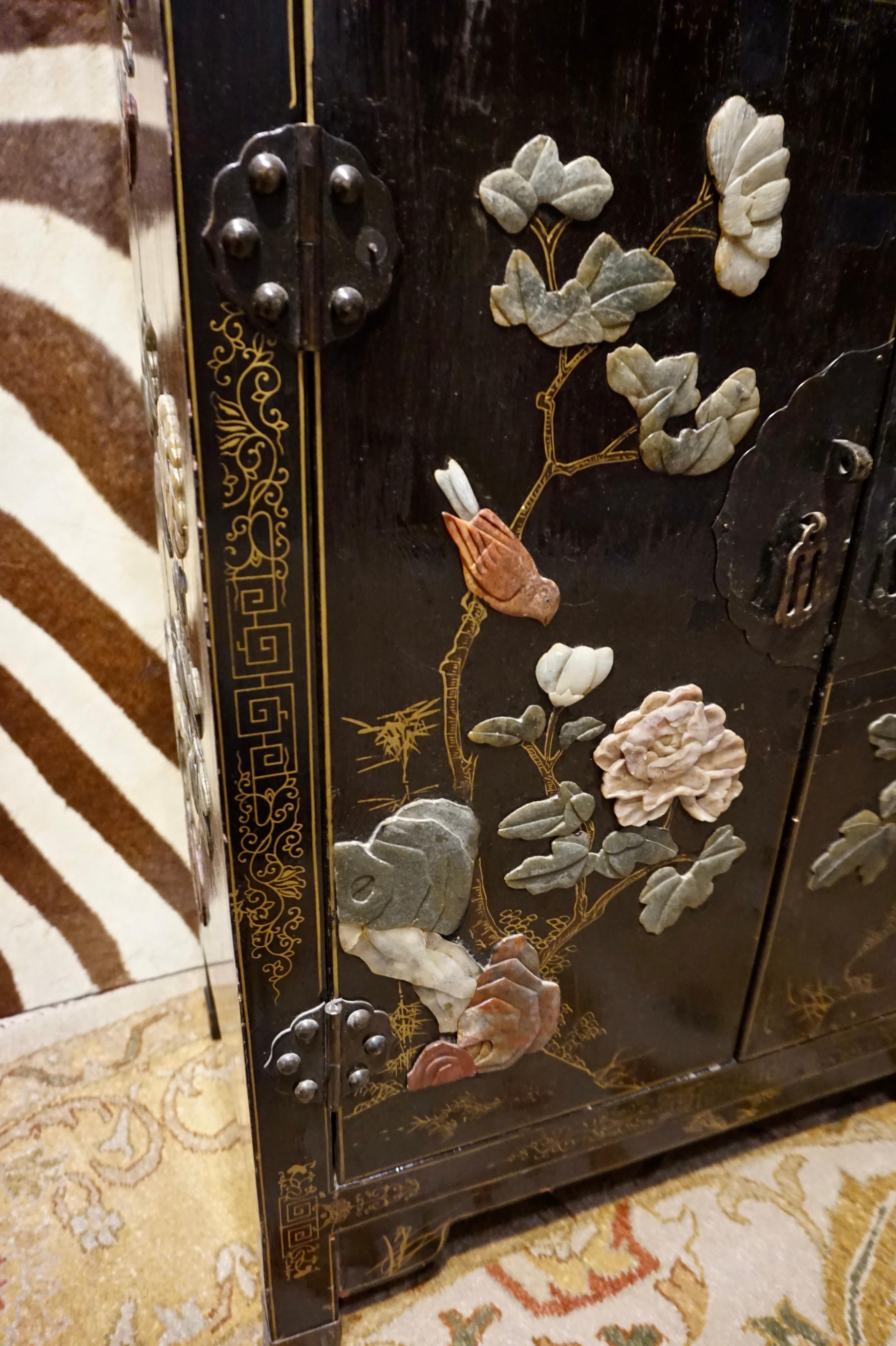 1940's Chinese Export Lacquer Hand Painted Soapstone Compact Cabinet 6