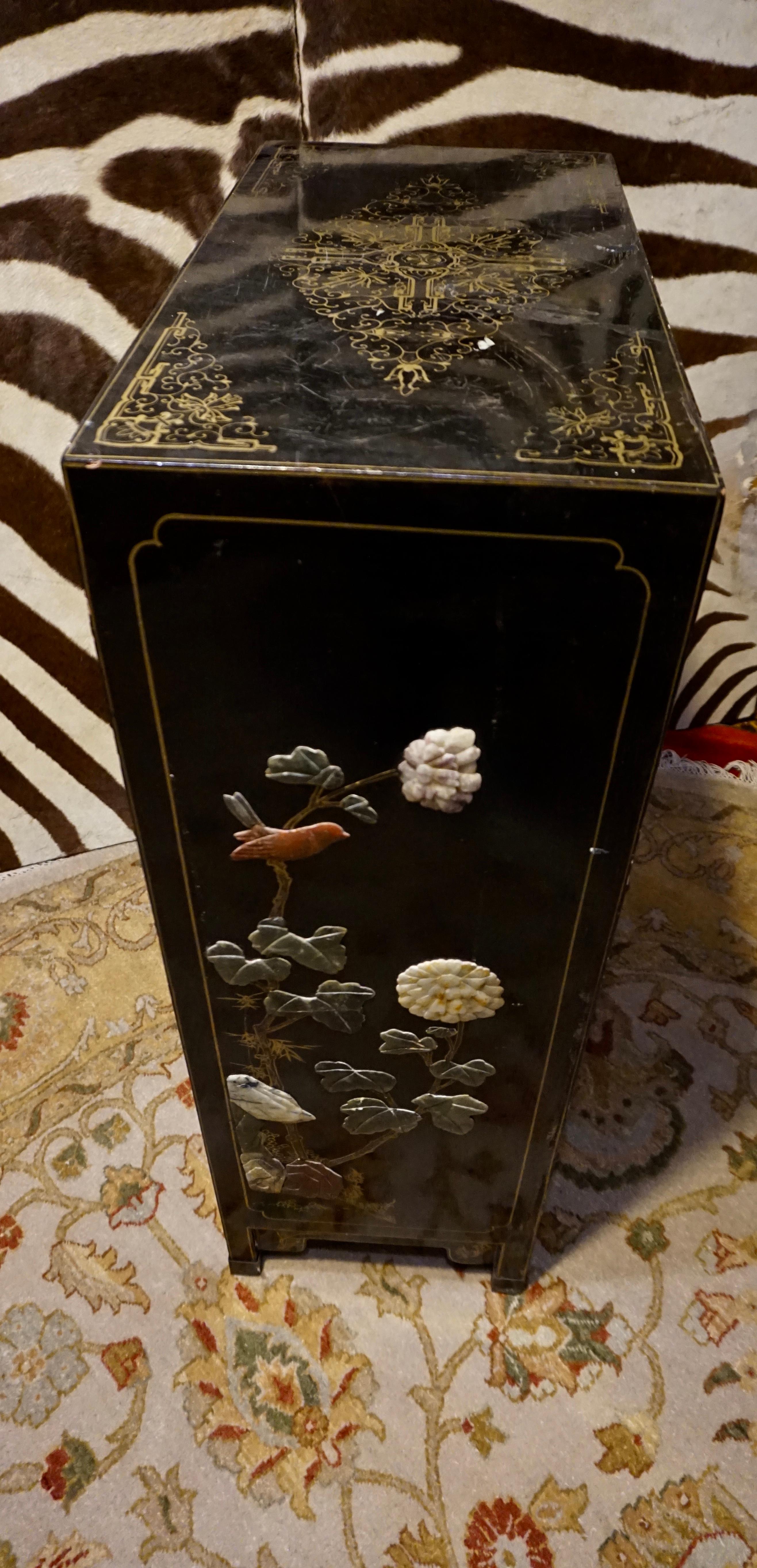 1940's Chinese Export Lacquer Hand Painted Soapstone Compact Cabinet 12