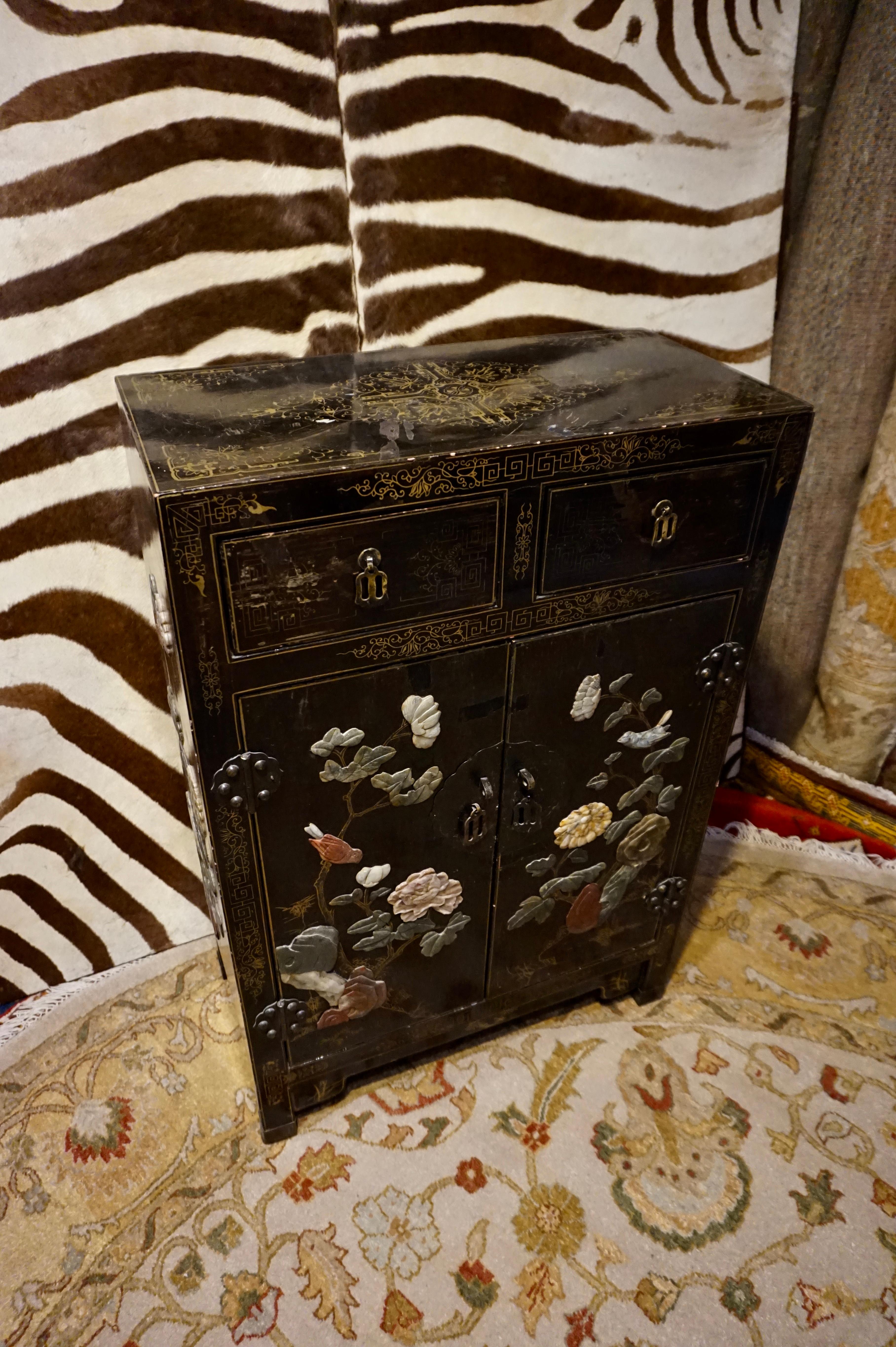 Hand-Crafted 1940's Chinese Export Lacquer Hand Painted Soapstone Compact Cabinet