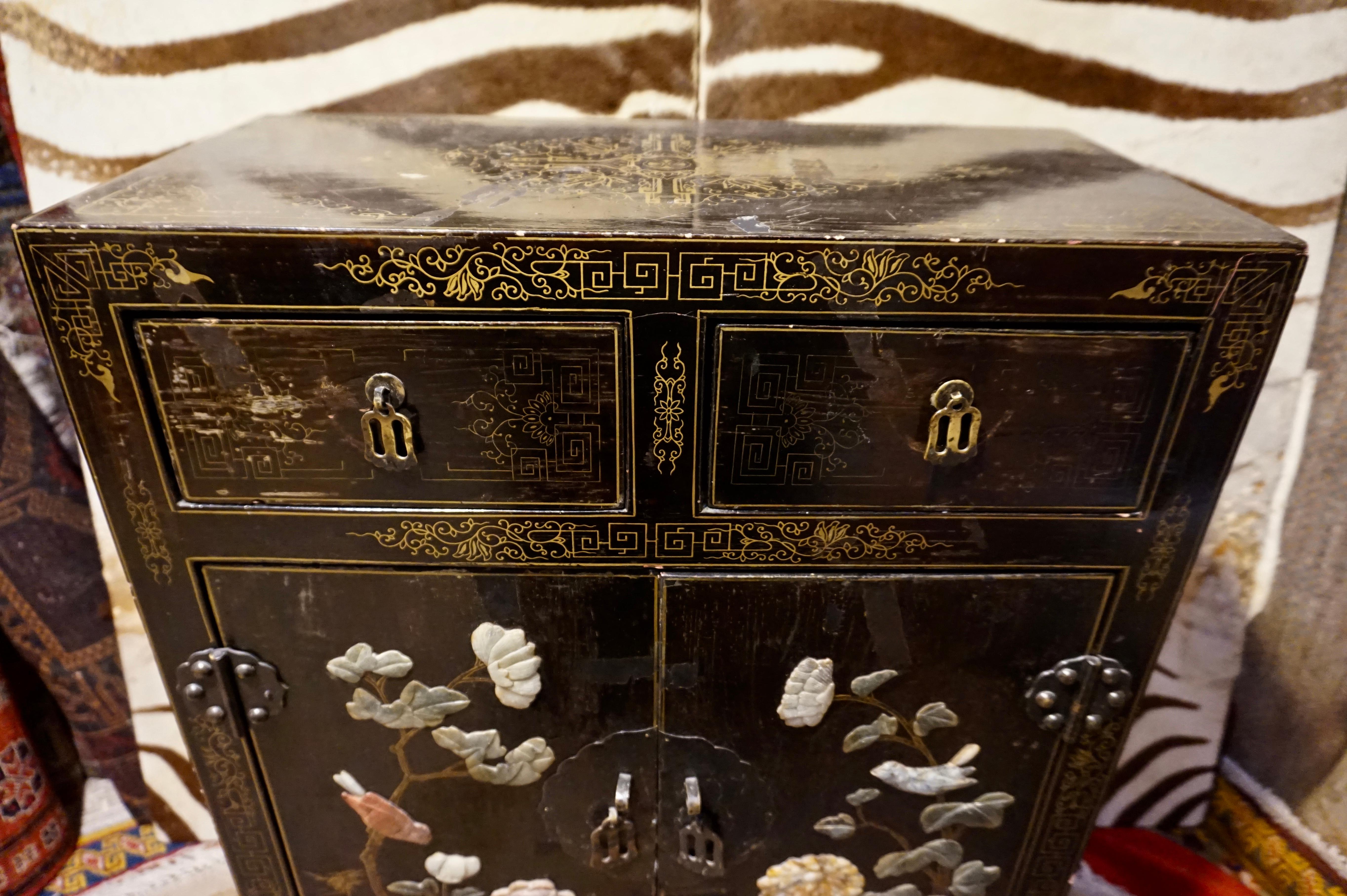 1940's Chinese Export Lacquer Hand Painted Soapstone Compact Cabinet 2
