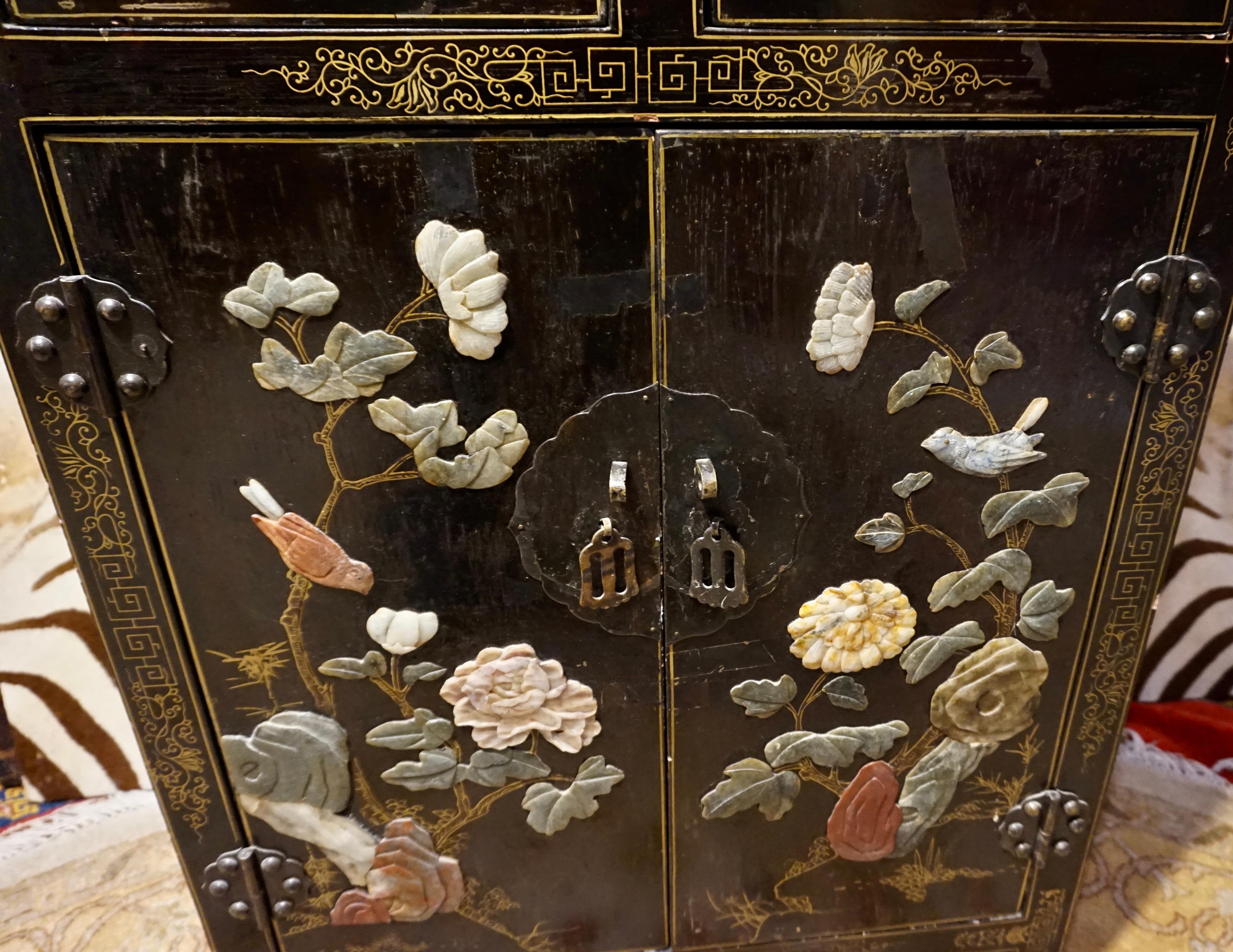 1940's Chinese Export Lacquer Hand Painted Soapstone Compact Cabinet 3