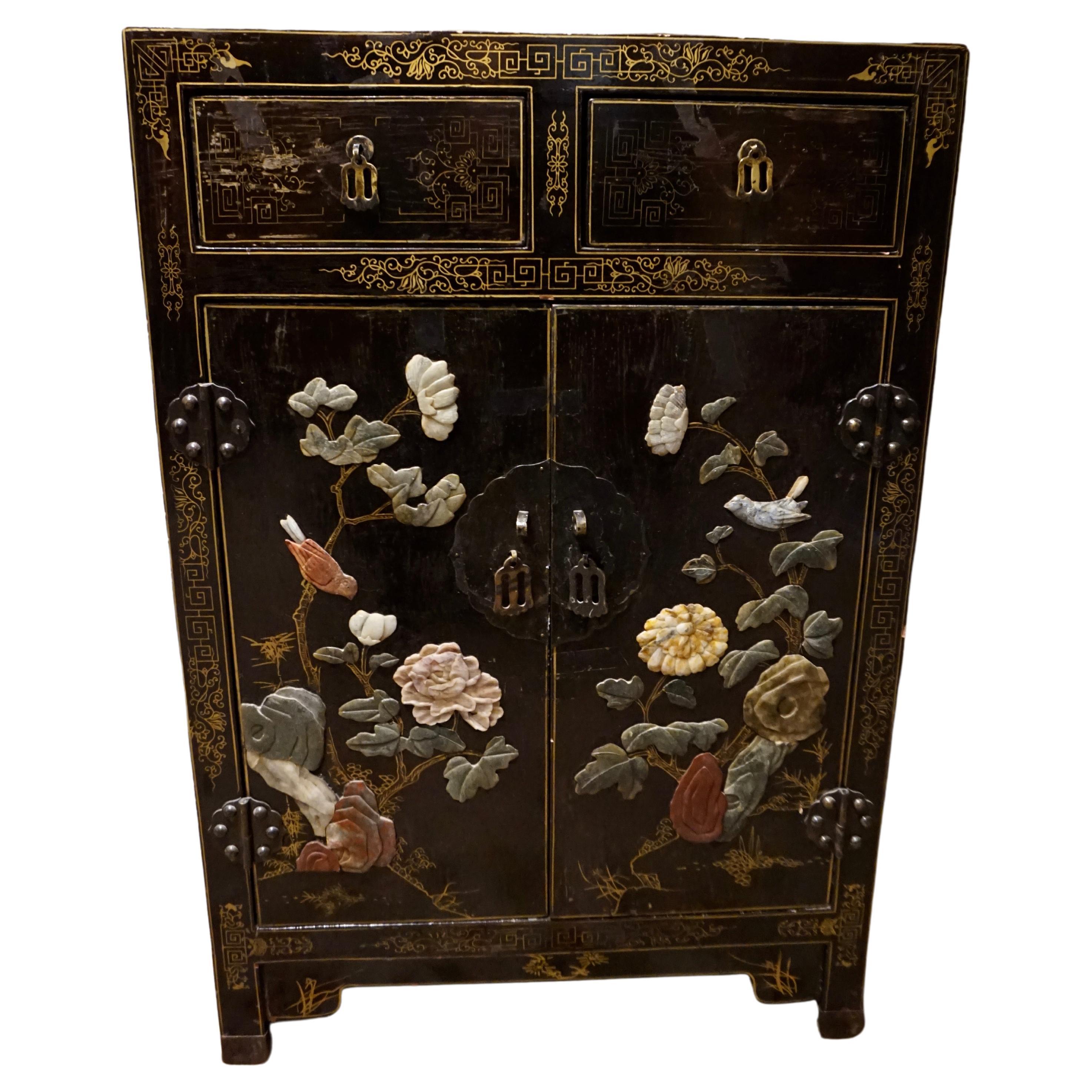 1940's Chinese Export Lacquer Hand Painted Soapstone Compact Cabinet