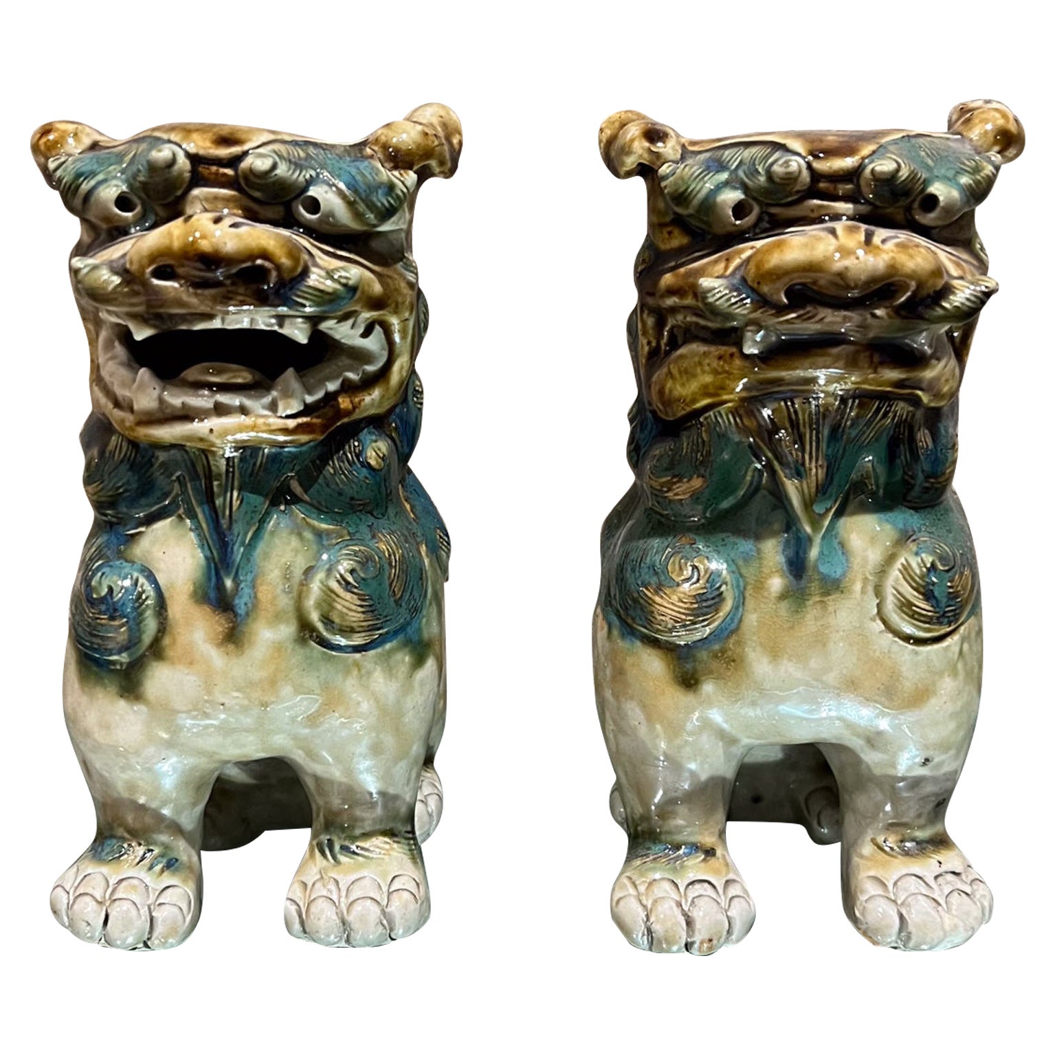 1940s Chinese Pair Foo Dog Glazed Ceramic Sculpture