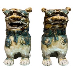 1940s Chinese Pair Foo Dog Glazed Ceramic Sculpture