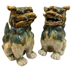 Escultura China de Cerámica Esmaltada Pareja de Perros Foo de los años 40