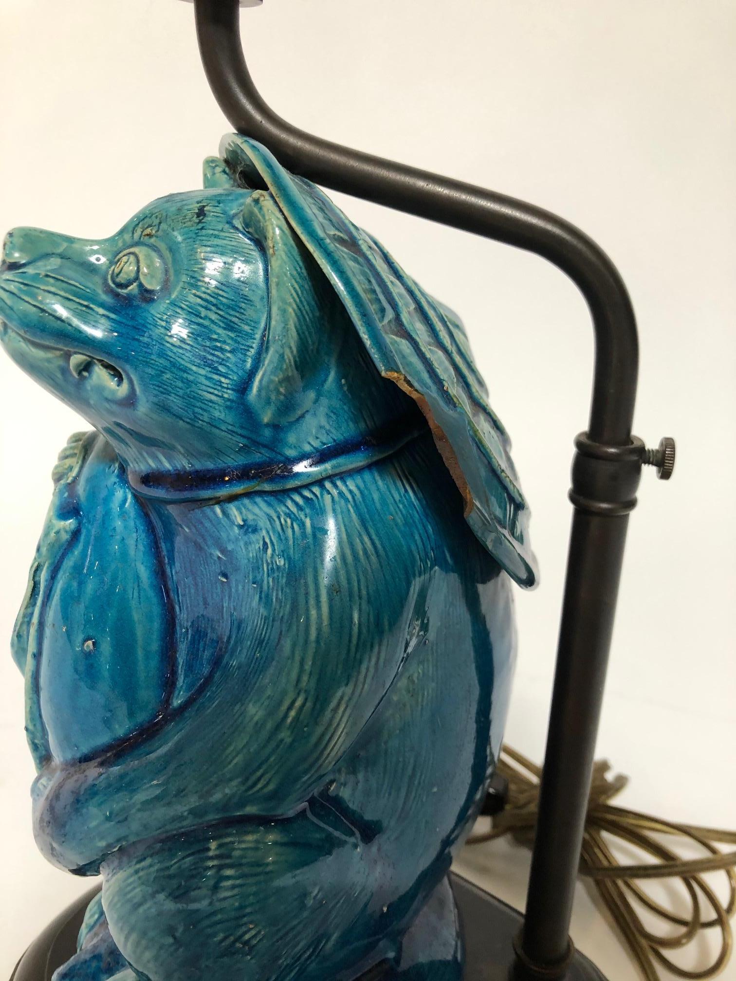 Beautiful turquoise Chinese porcelain rat adapted to lamp.