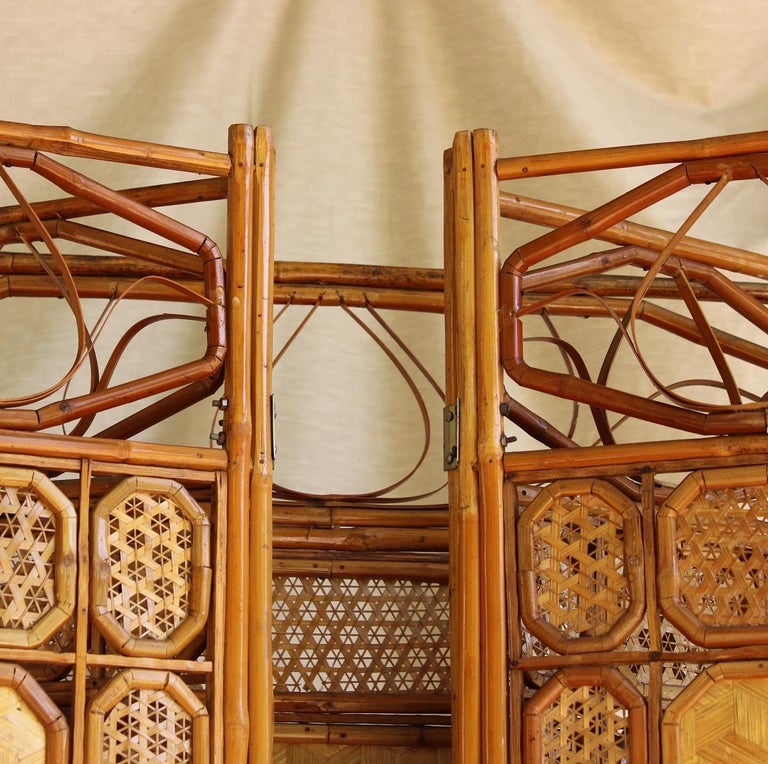 1940s Chinese Rattan Screen with Animal and Floral Paintings at 1stDibs