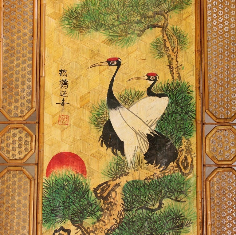 1940s Chinese Rattan Screen with Animal and Floral Paintings at 1stDibs