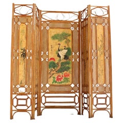 1940s Chinese Rattan Screen with Animal and Floral Paintings