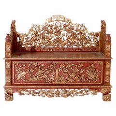 1940s Chinese Red Lacquer Carved Gilt Wood Coffer/ Bench 