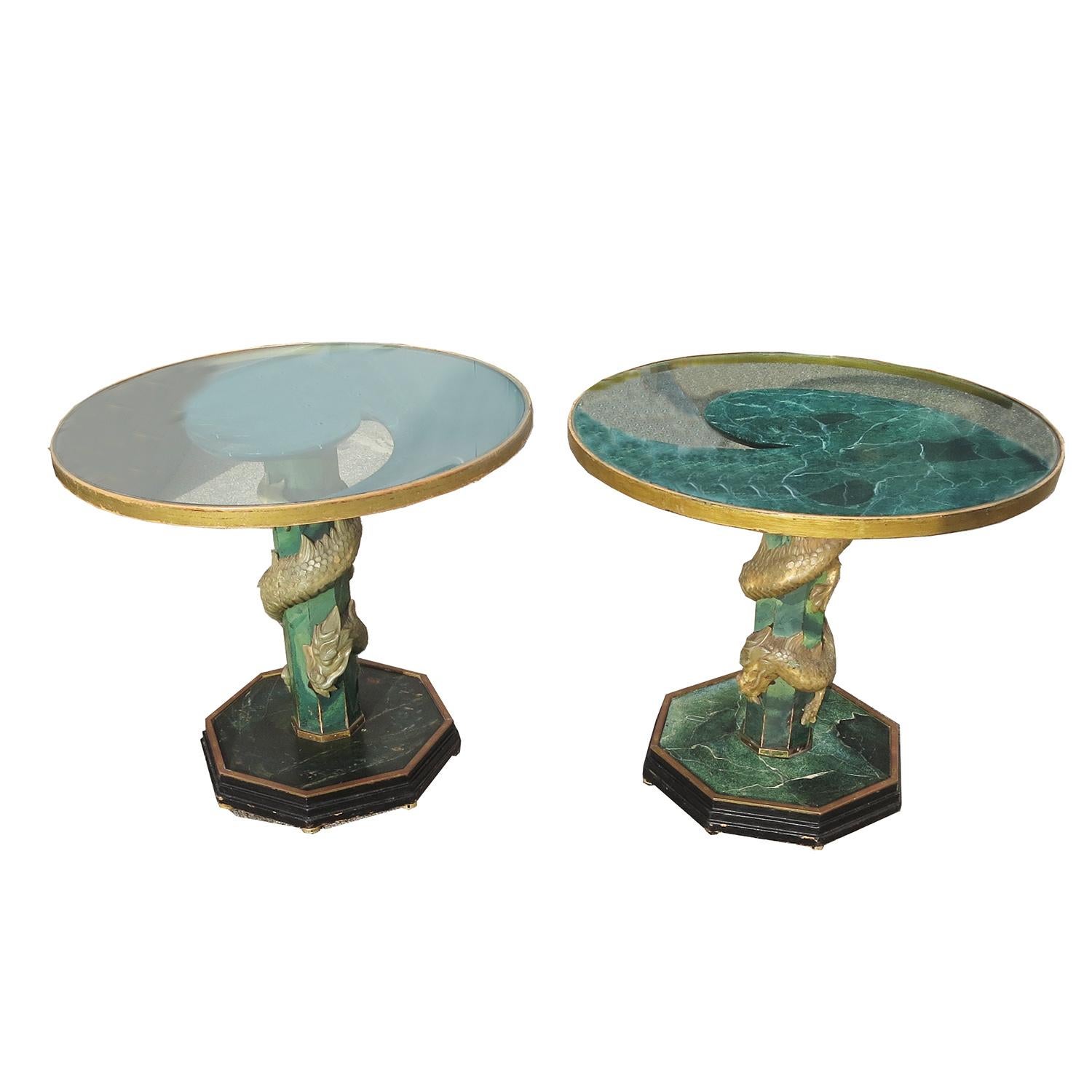 These tables are amazing! Each one has a base of painted wood that is surrounded by carved stone dragons. The tops are glass, with a decorative faux marble painted wood support. One is painted quite elaborately, while the other is a simpler design.