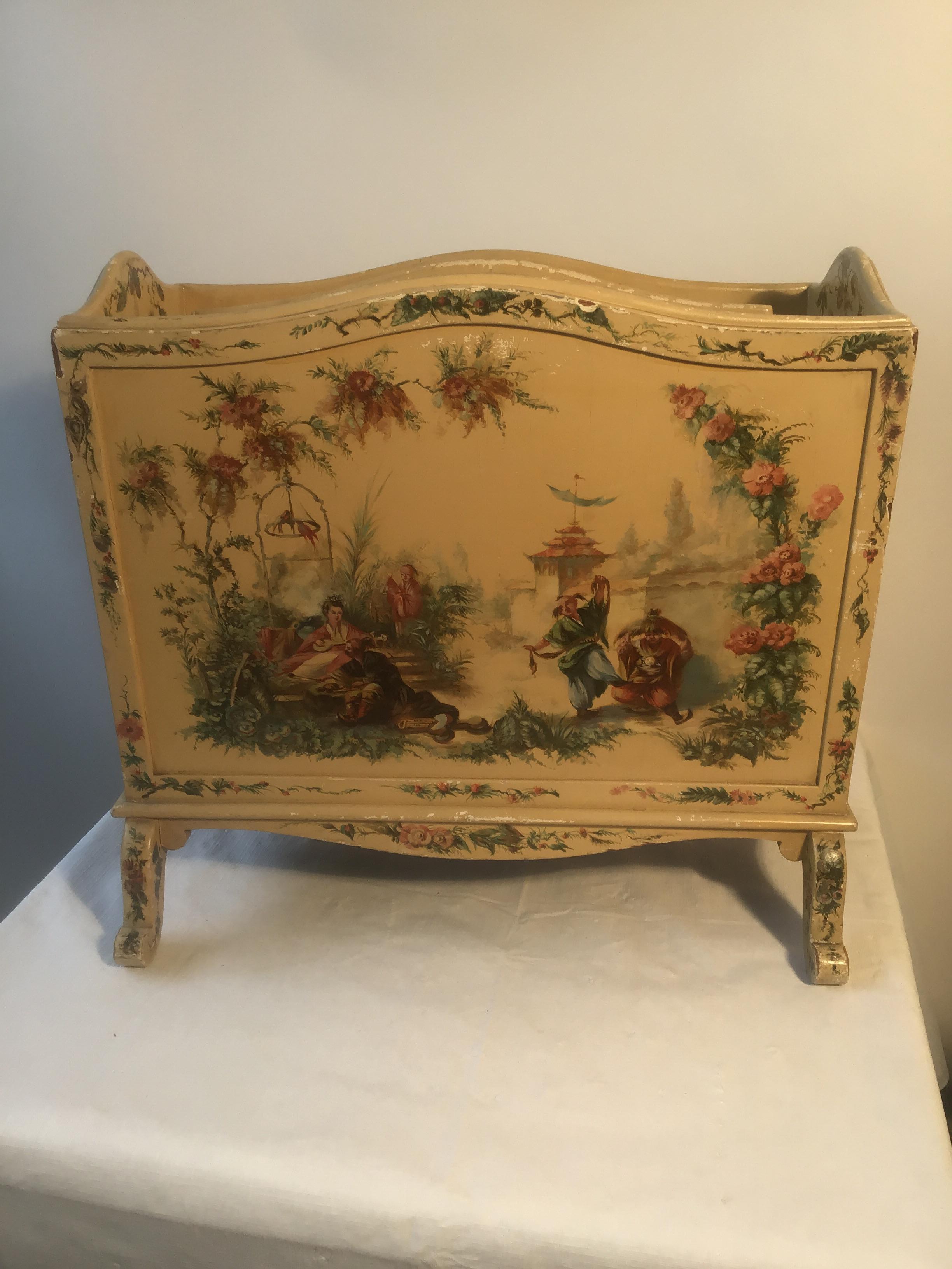 1940s chinoiserie hand painted wood magazine holder. Exquisitely done.