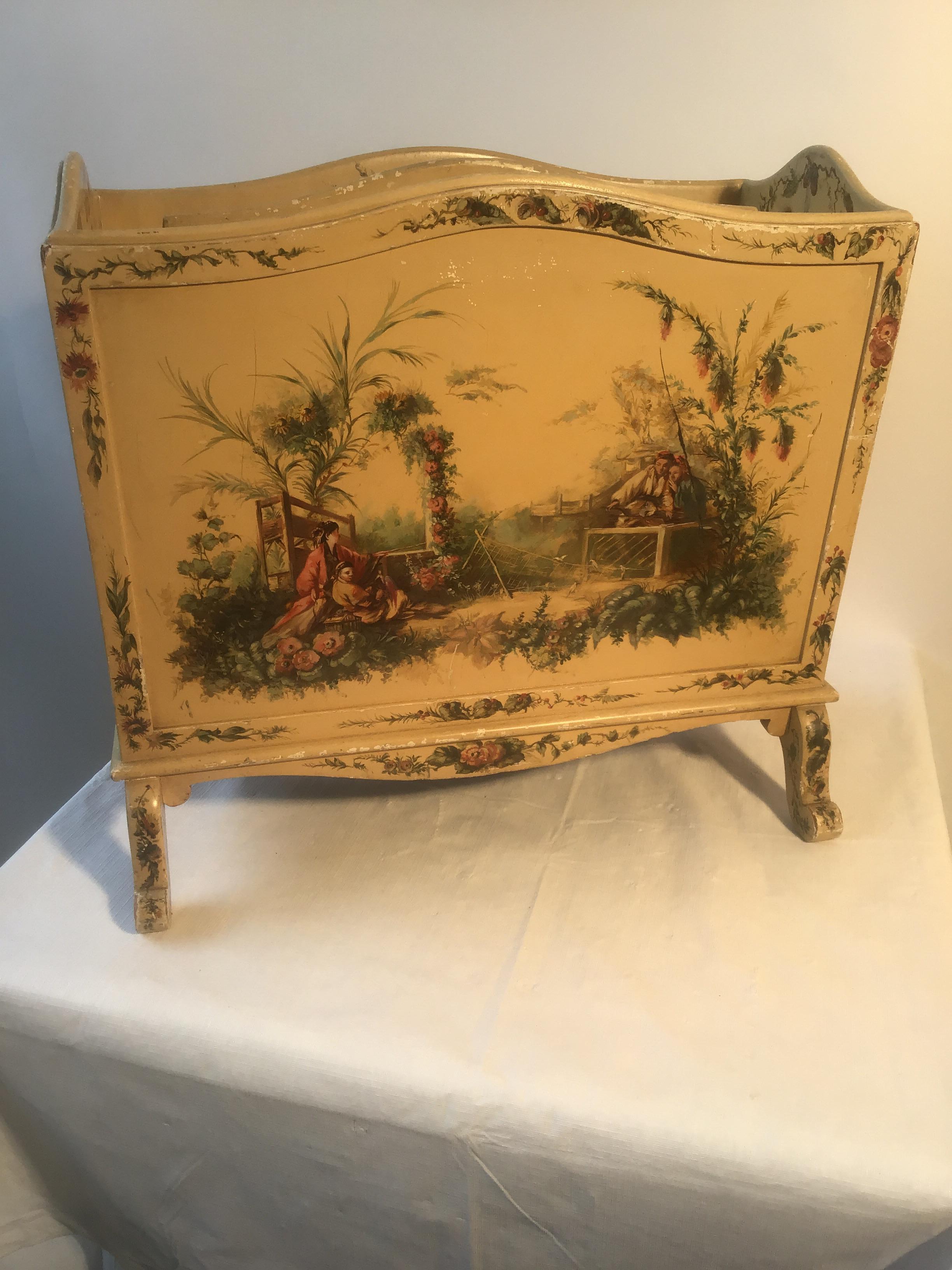 Mid-20th Century 1940s Chinoiserie Hand Painted Magazine Holder For Sale