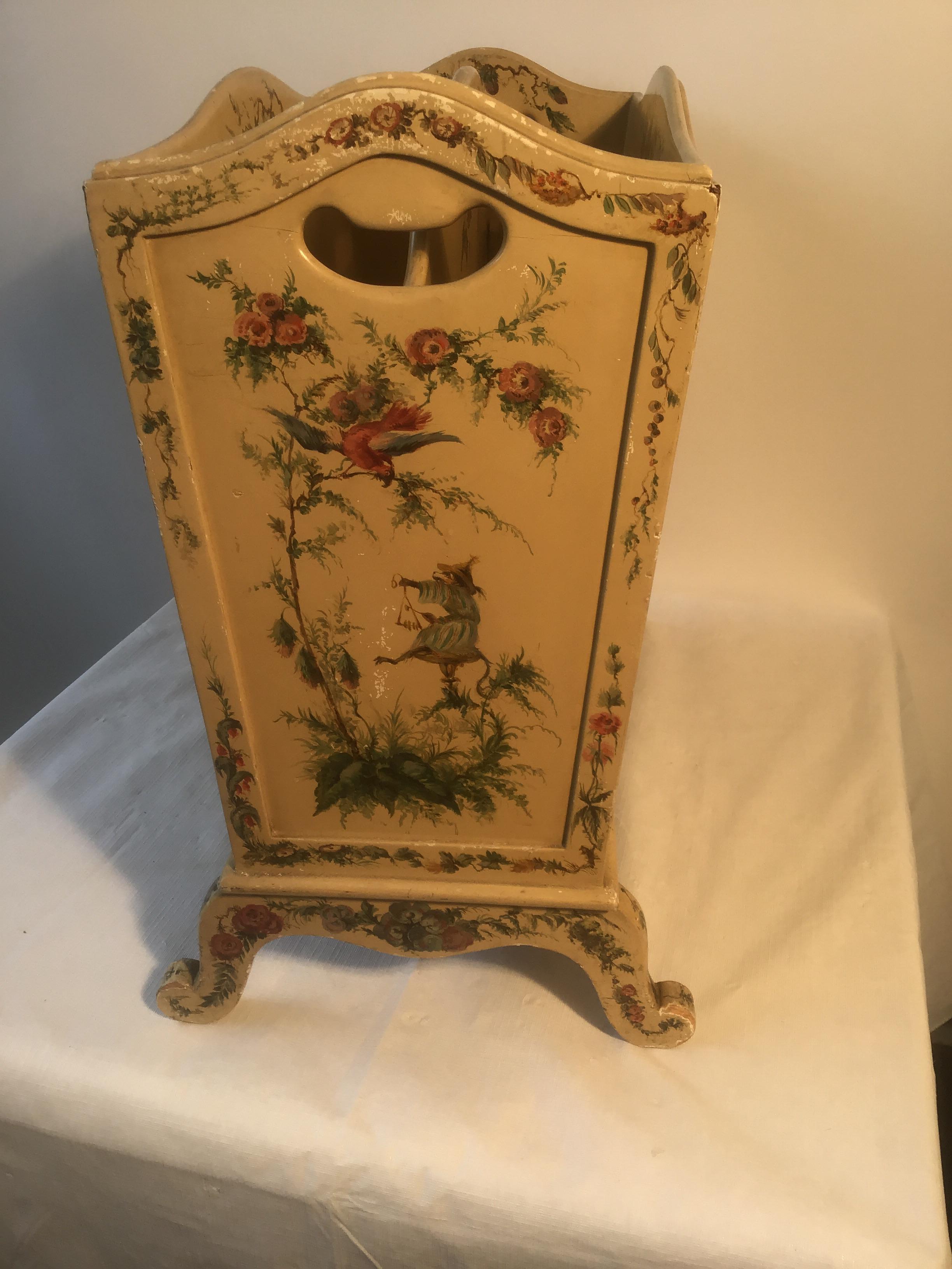 Wood 1940s Chinoiserie Hand Painted Magazine Holder For Sale