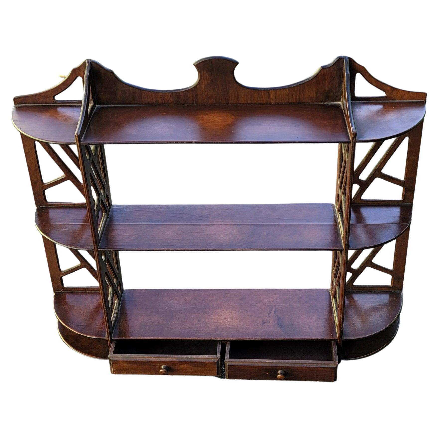 American 1940's Chippendale Mahogany Veneer Hanging Wall Shelf with Two Drawers