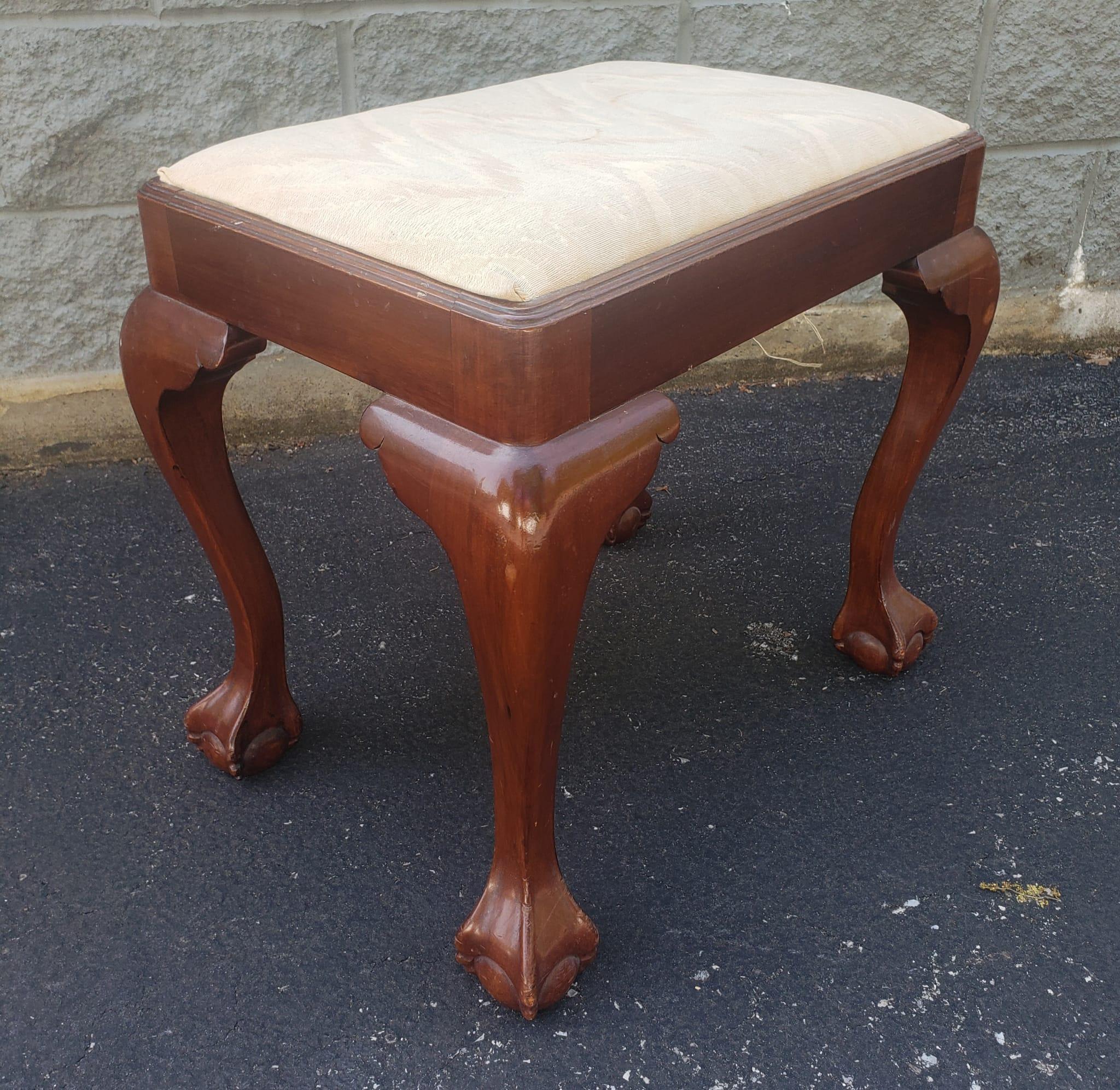 American 1940s Chippendale Style Mahogany and Upholstered Stool with Ball Claw Feet For Sale