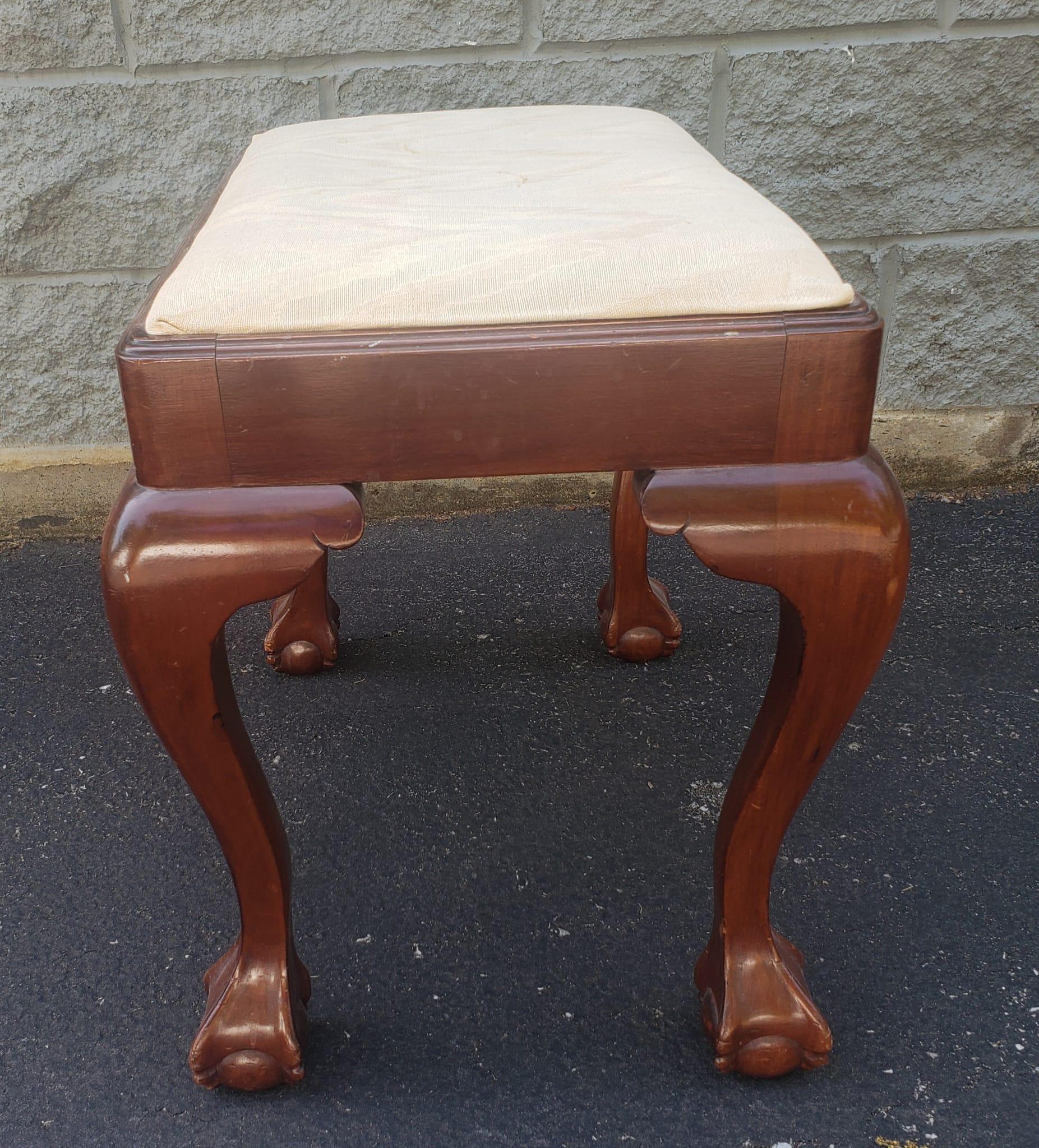 Stained 1940s Chippendale Style Mahogany and Upholstered Stool with Ball Claw Feet For Sale