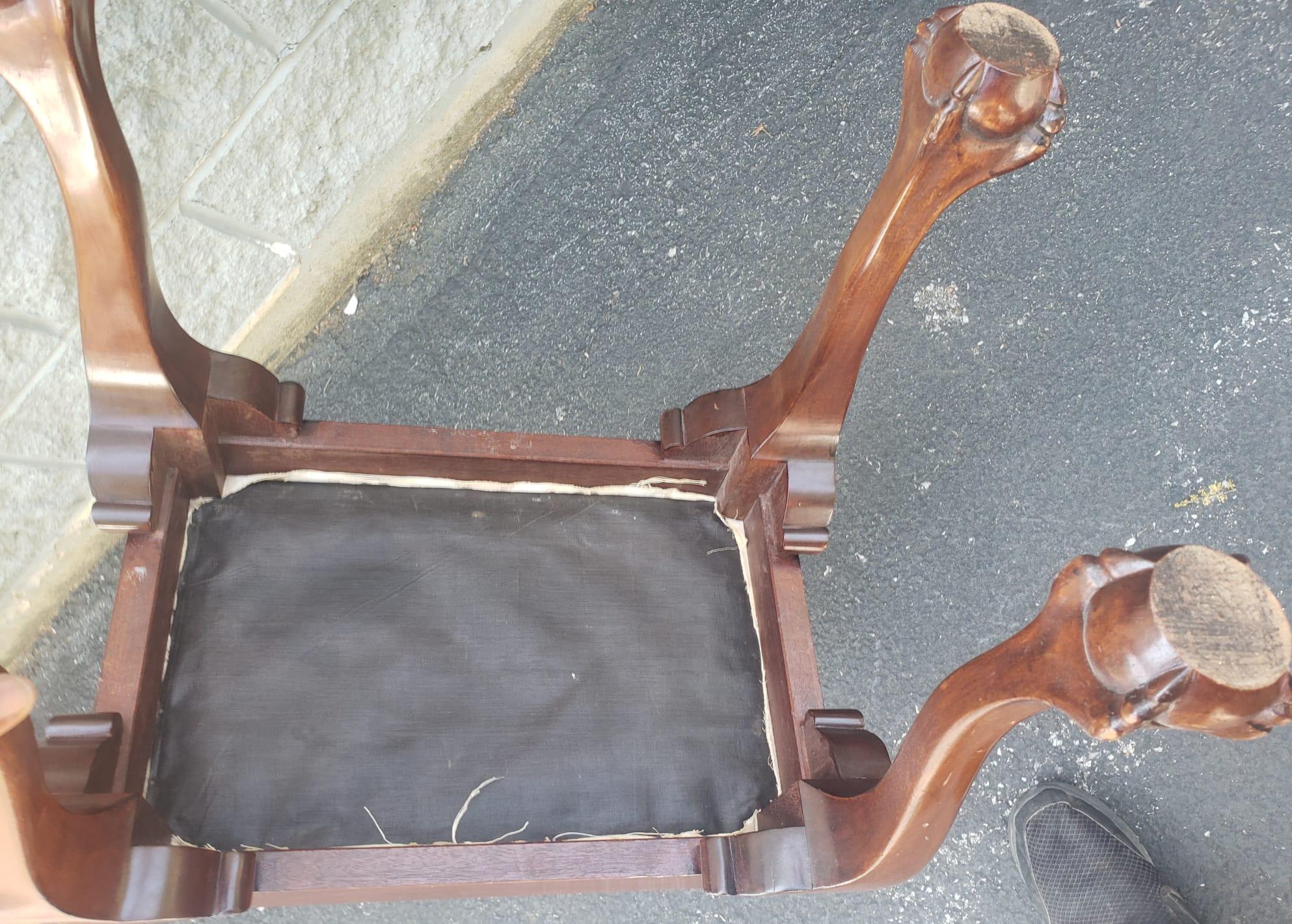20th Century 1940s Chippendale Style Mahogany and Upholstered Stool with Ball Claw Feet For Sale