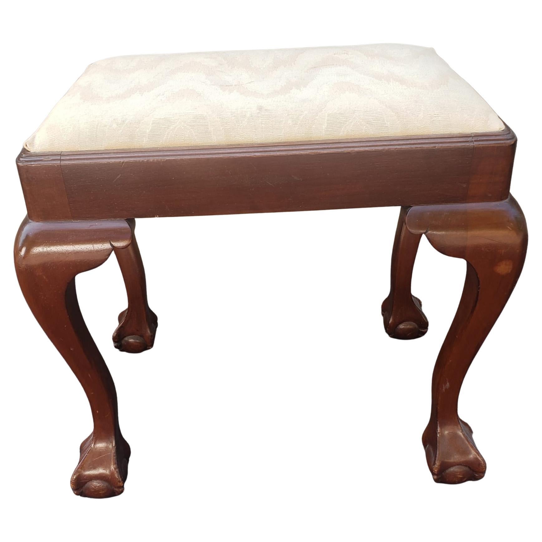 1940s Chippendale Style Mahogany and Upholstered Stool with Ball Claw Feet