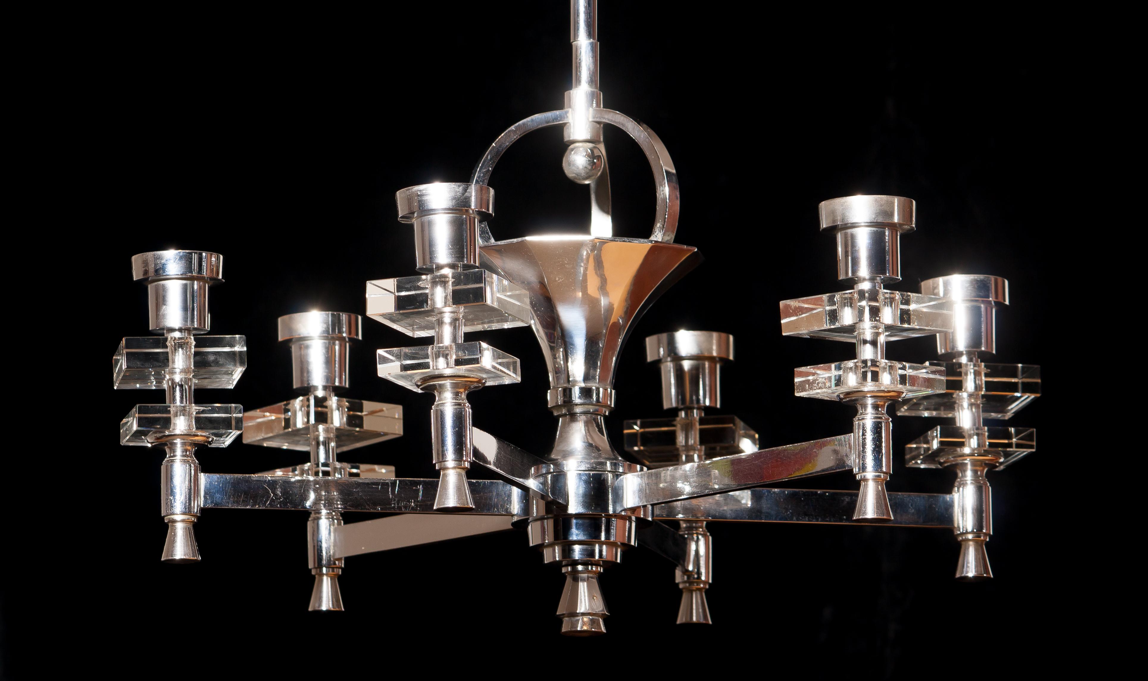 1940s, Chromed and Crystal French Chandelier 1