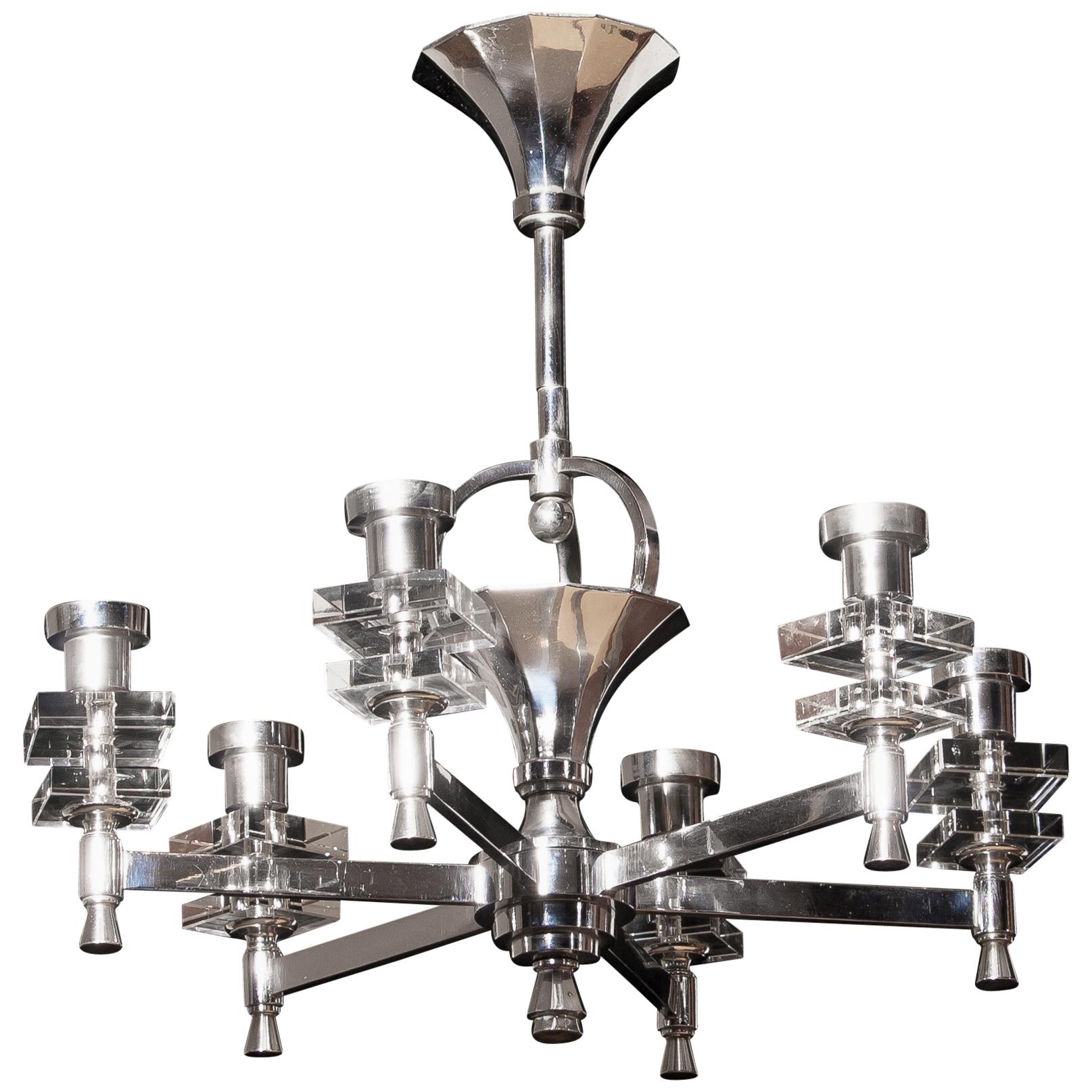 1940s, Chromed and Crystal French Chandelier