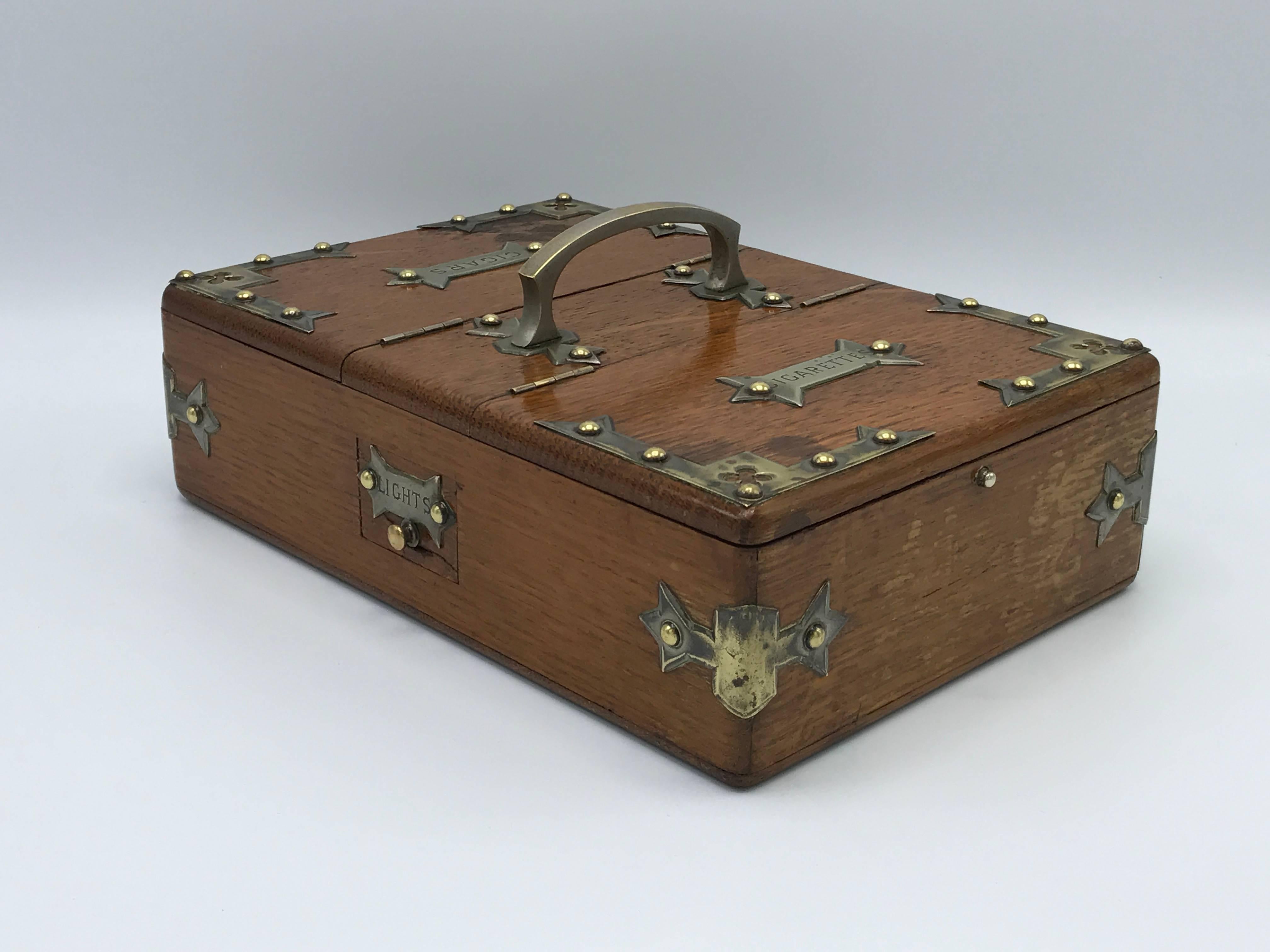 1940s Cigar Humidor Box with Brass Campaign Detailing In Good Condition In Richmond, VA