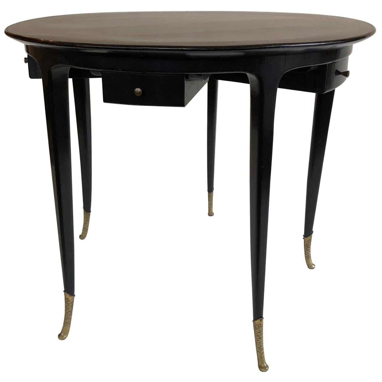 1940s Circular Black Ebonised Italian Games Table with Drawers and Brass Sabots