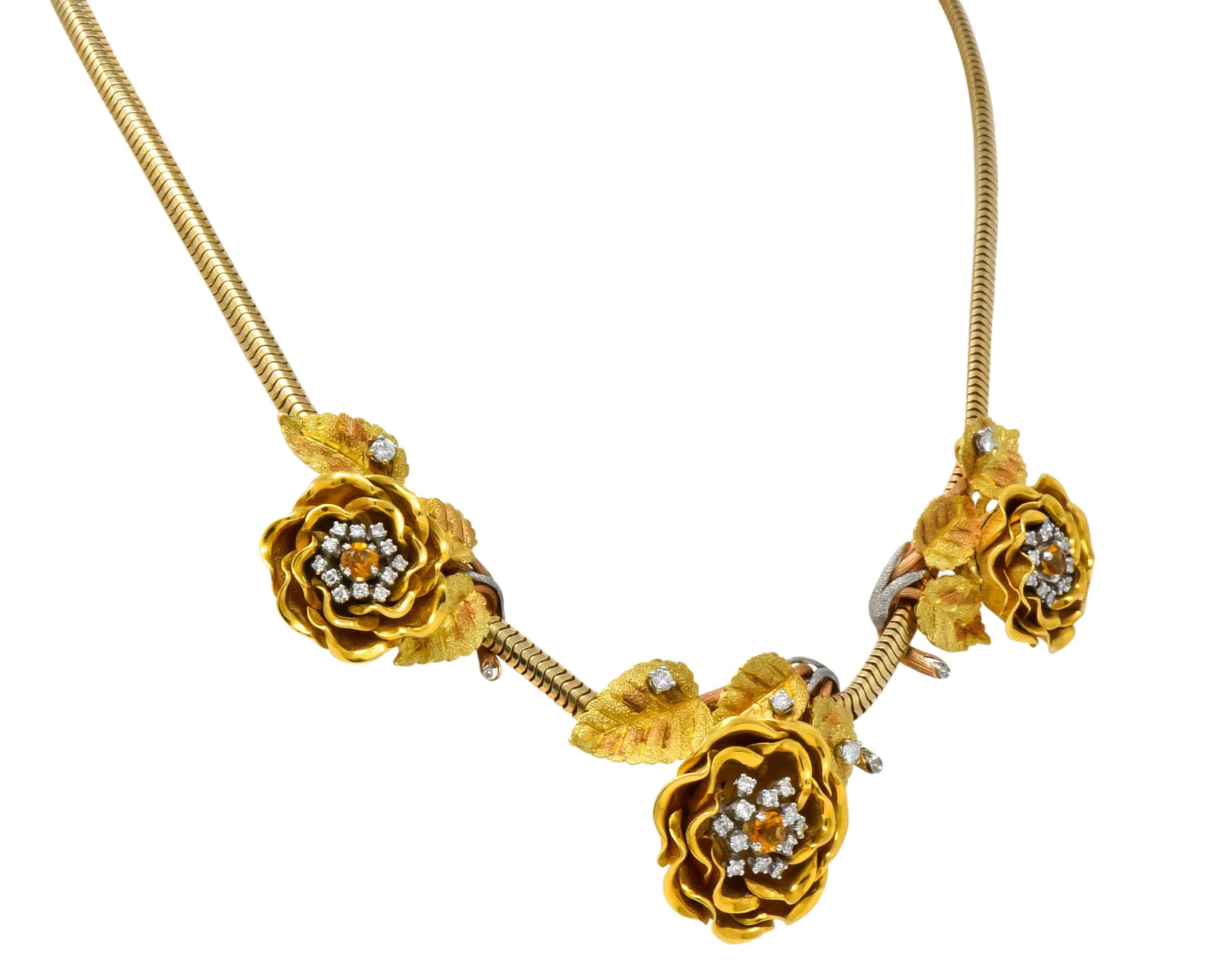 Round Cut Retro Citrine Diamond Platinum 14 Karat Tri-Colored Gold Flower Necklace