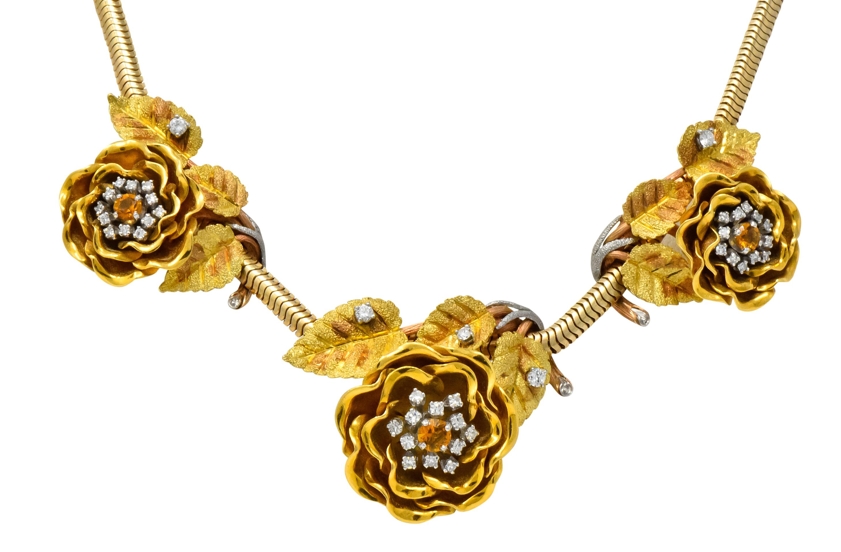 Retro Citrine Diamond Platinum 14 Karat Tri-Colored Gold Flower Necklace In Excellent Condition In Philadelphia, PA