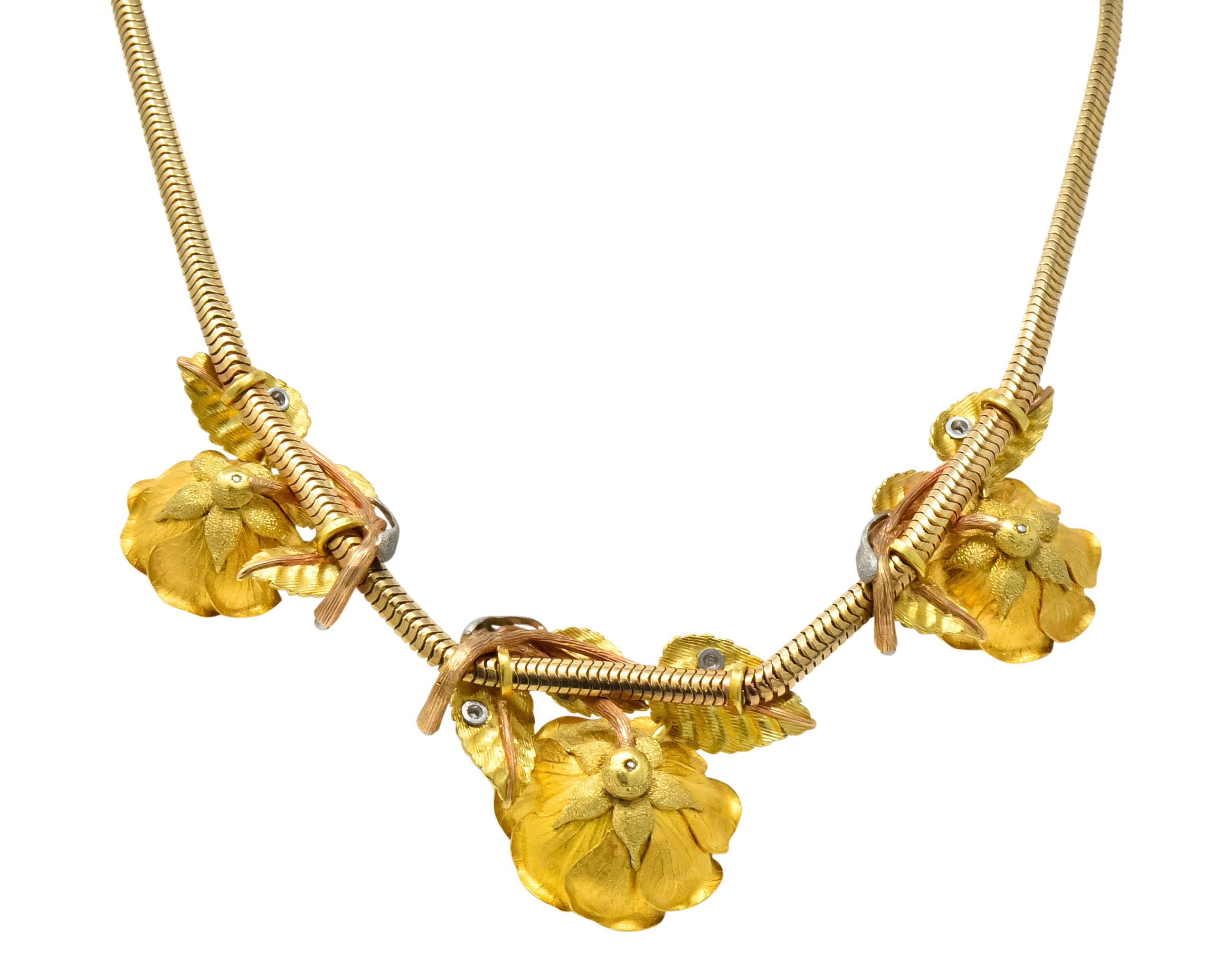 Retro Citrine Diamond Platinum 14 Karat Tri-Colored Gold Flower Necklace 2