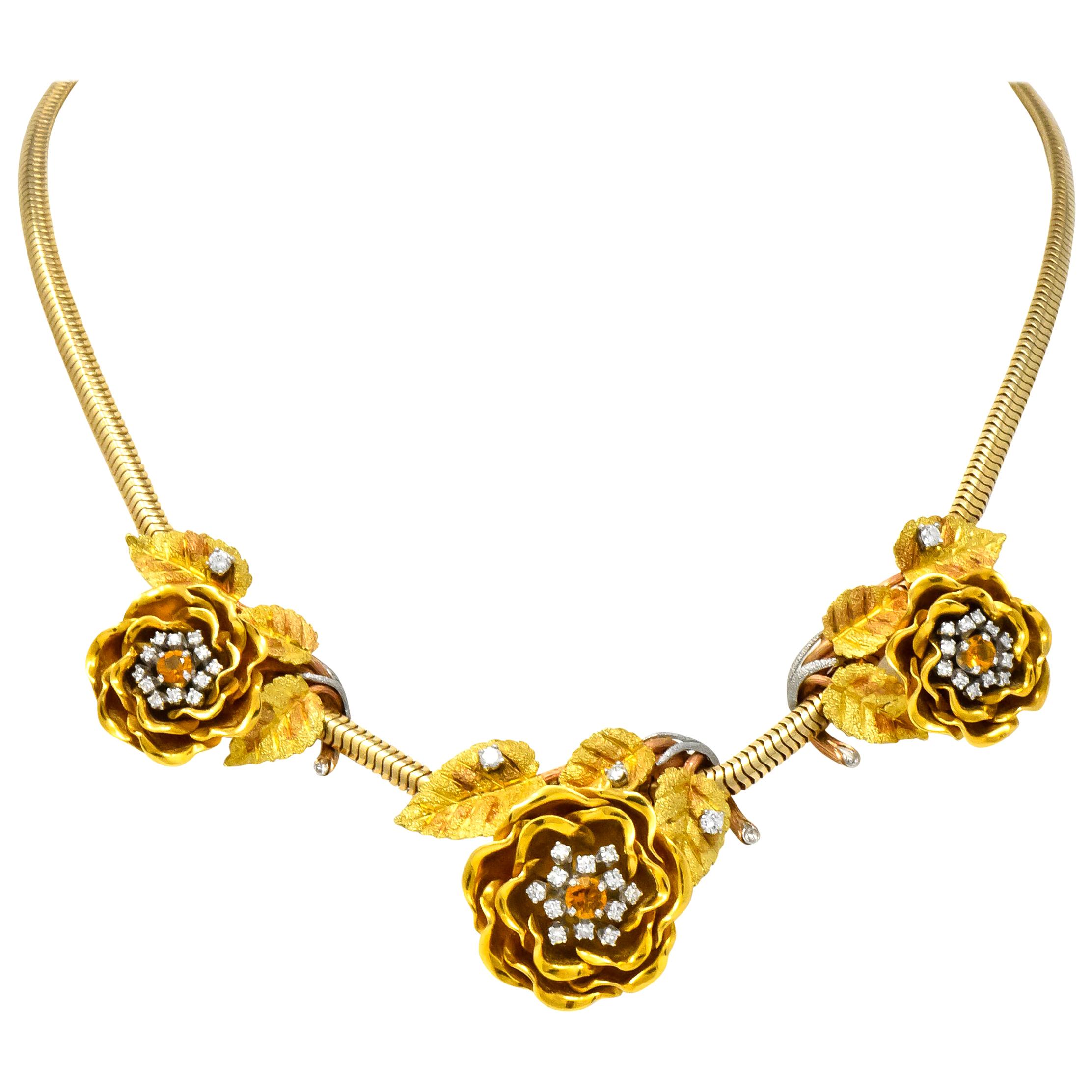 Retro Citrine Diamond Platinum 14 Karat Tri-Colored Gold Flower Necklace
