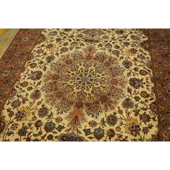 1940s Classic Beige Antique Medallion Tabriz Northwest Knotted Silk Carpet Rug