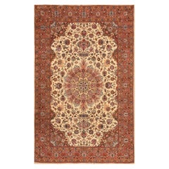 1940s Classic Beige Antique Medallion Tabriz Northwest Knotted Silk Carpet Rug