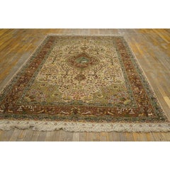 1940s Classic Beige Floral Animals Antique Tabriz Handknotted Wool Carpet Rug
