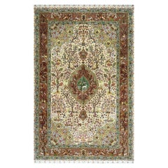 1940s Classic Beige Floral Animals Antique Tabriz Handknotted Wool Carpet Rug