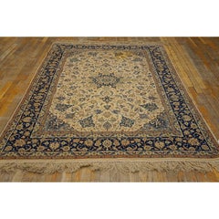 1940s Classic Ivory Field Floral Medallion Vintage Isfahan Silk Carpet Rug