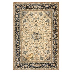 1940s Classic Ivory Field Floral Medallion Vintage Isfahan Silk Carpet Rug