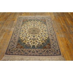 1940s Classic Ivory Field Floral Medallion Vintage Isfahan Silk Room Size Rug